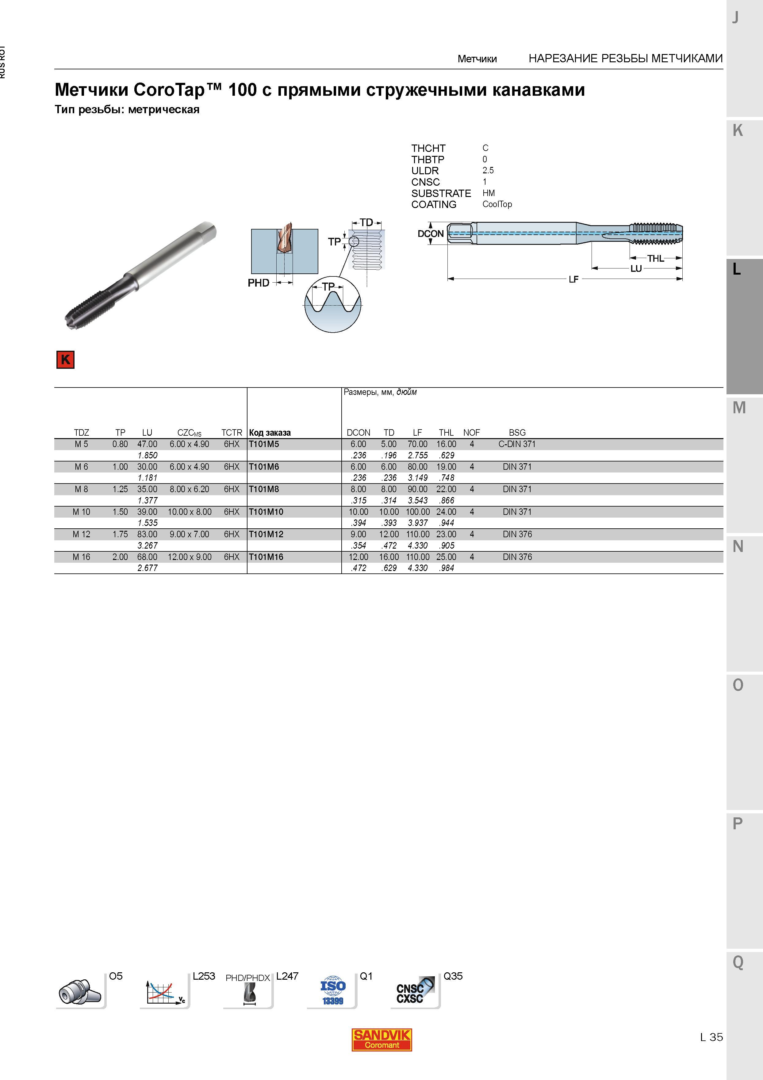831 Твердосплавные машинные метчики Sandvik Coromant CoroTap 100 T101 с прямыми стружечными канавками Осевой резьбонарезной инструмент для нарезани Каталог SANDVIK COROMANT 2015 Металлорежущие вращающиеся инструменты и станочная инструментальная оснастка Стр. L35