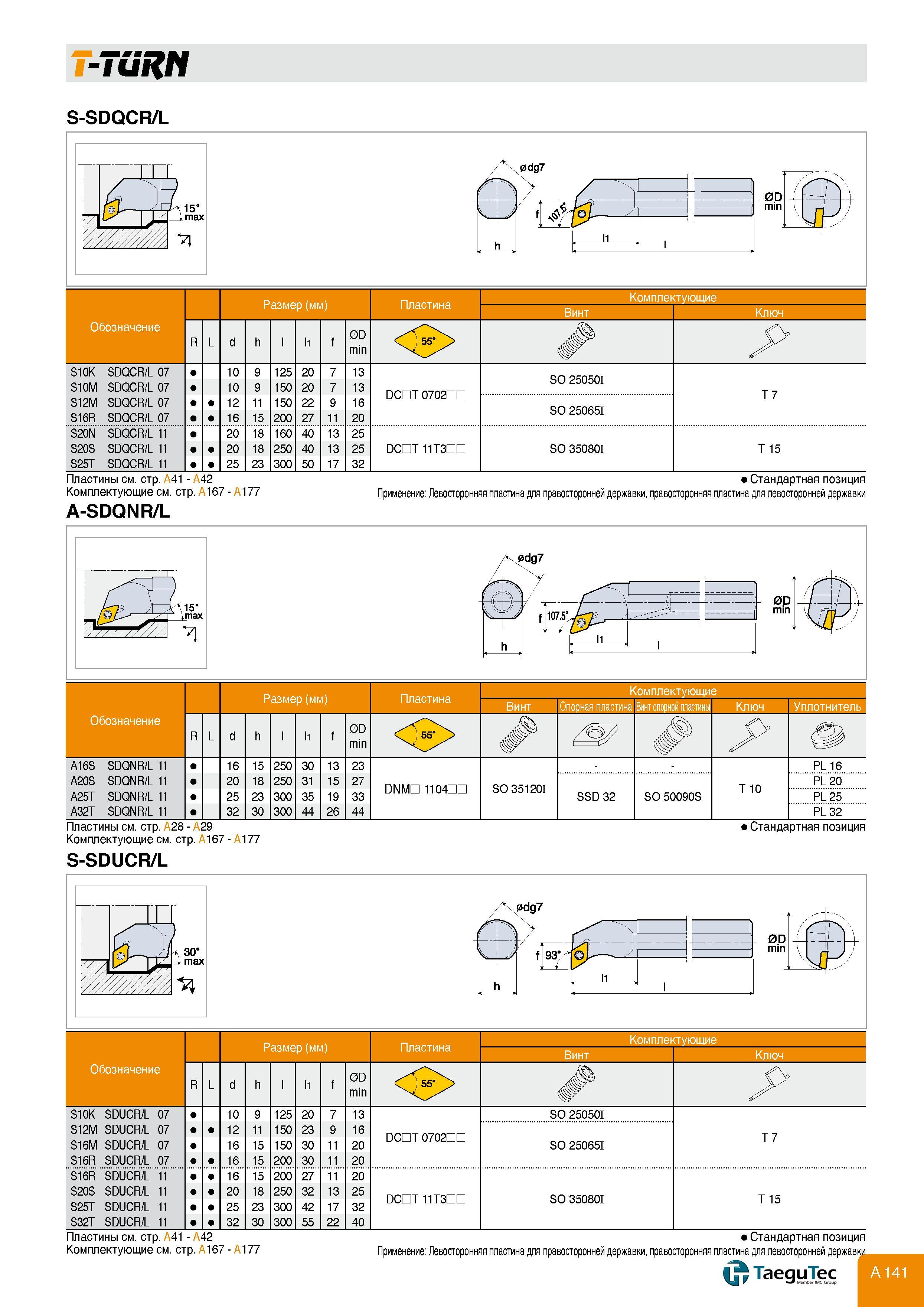 145 T-TURN S-SDQCR/L Комплектующие Винт Ключ Обозначение R/L d h l l1 f 0D min 5 Я S10K SDQCR/L 07 10 9 125 20 7 13 SO 250501 S10M SDQCR/L 07 10 9 150 2 Каталог TAEGUTEC 2011 Металлорежущий инструмент и инструментальная оснастка Стр. A141
