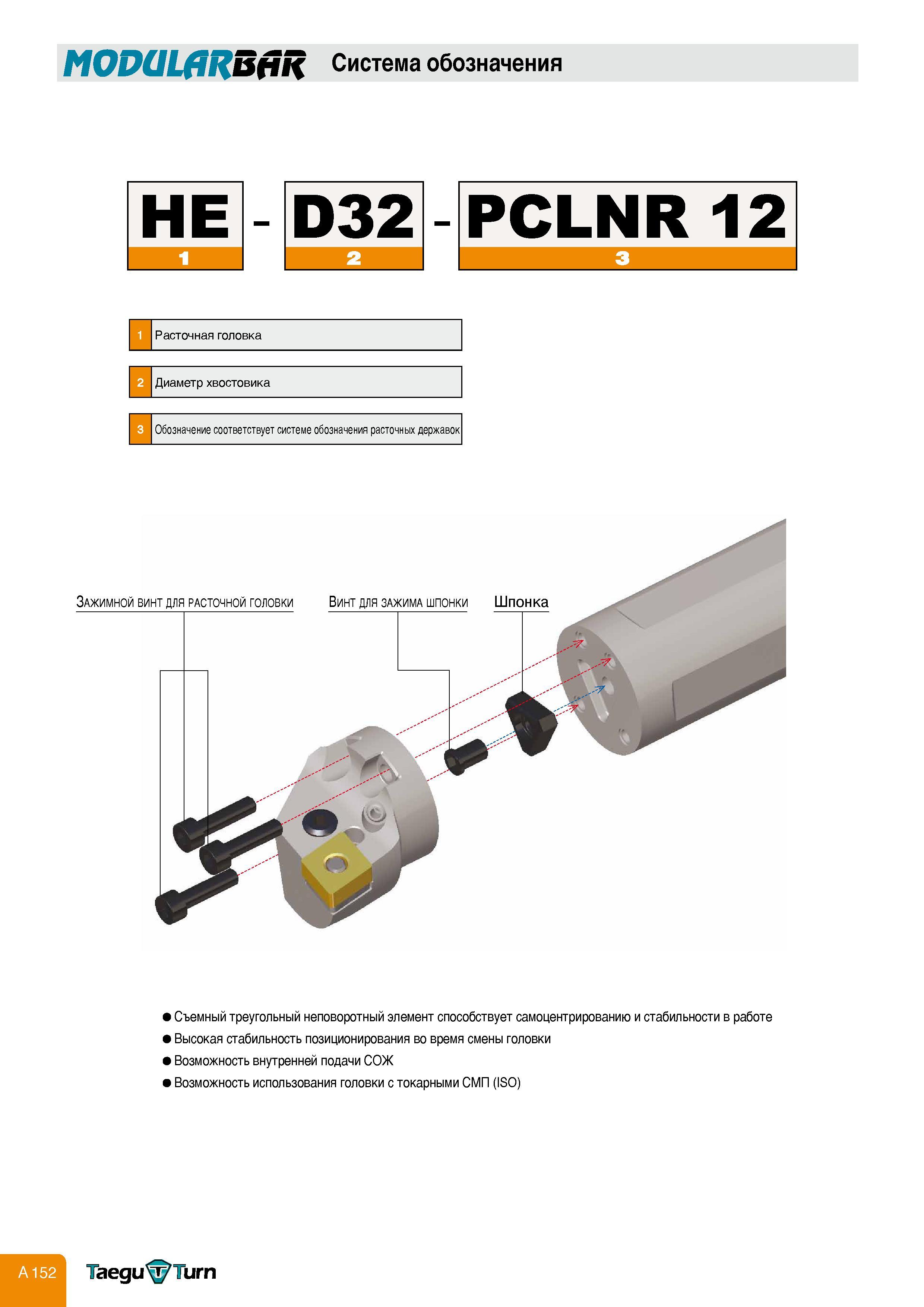 156 MODULARBAR Система обозначения D32-PCLNR12 1 Расточная головка 2 Диаметр хвостовика 3 Обозначение соответствует системе обозначения расточных держав Каталог TAEGUTEC 2011 Металлорежущий инструмент и инструментальная оснастка Стр. A152