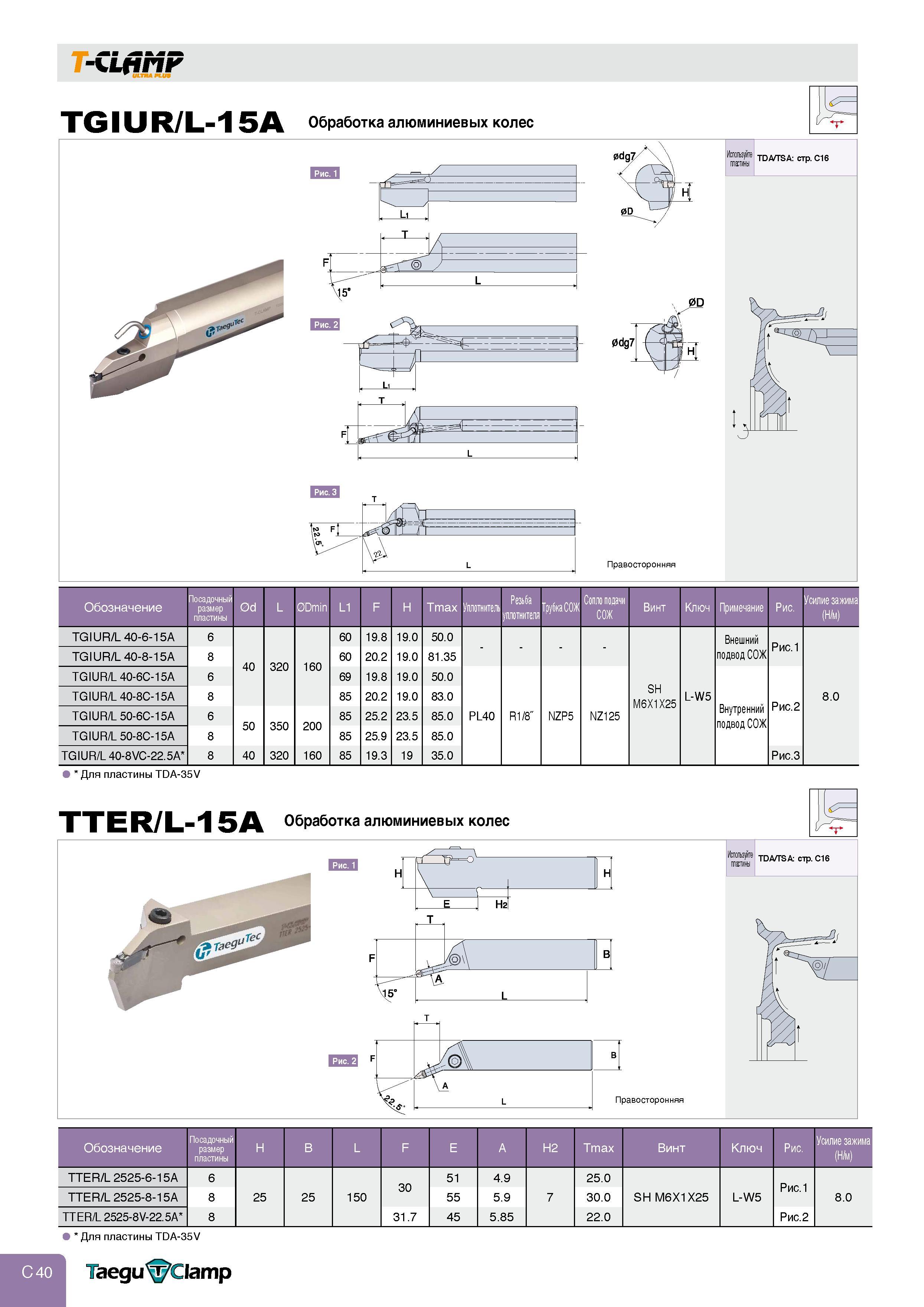 264 1 -CLfiMF r ULTRA PLUS TGIUR/L-15A Обработка алюминиевых колес Рис 1 Рис 2 0dg7 0D Рис 3 Ц& А LL Тт Т V L Правосторонняя Обозначение Посадочный разм Каталог TAEGUTEC 2011 Металлорежущий инструмент и инструментальная оснастка Стр. C40