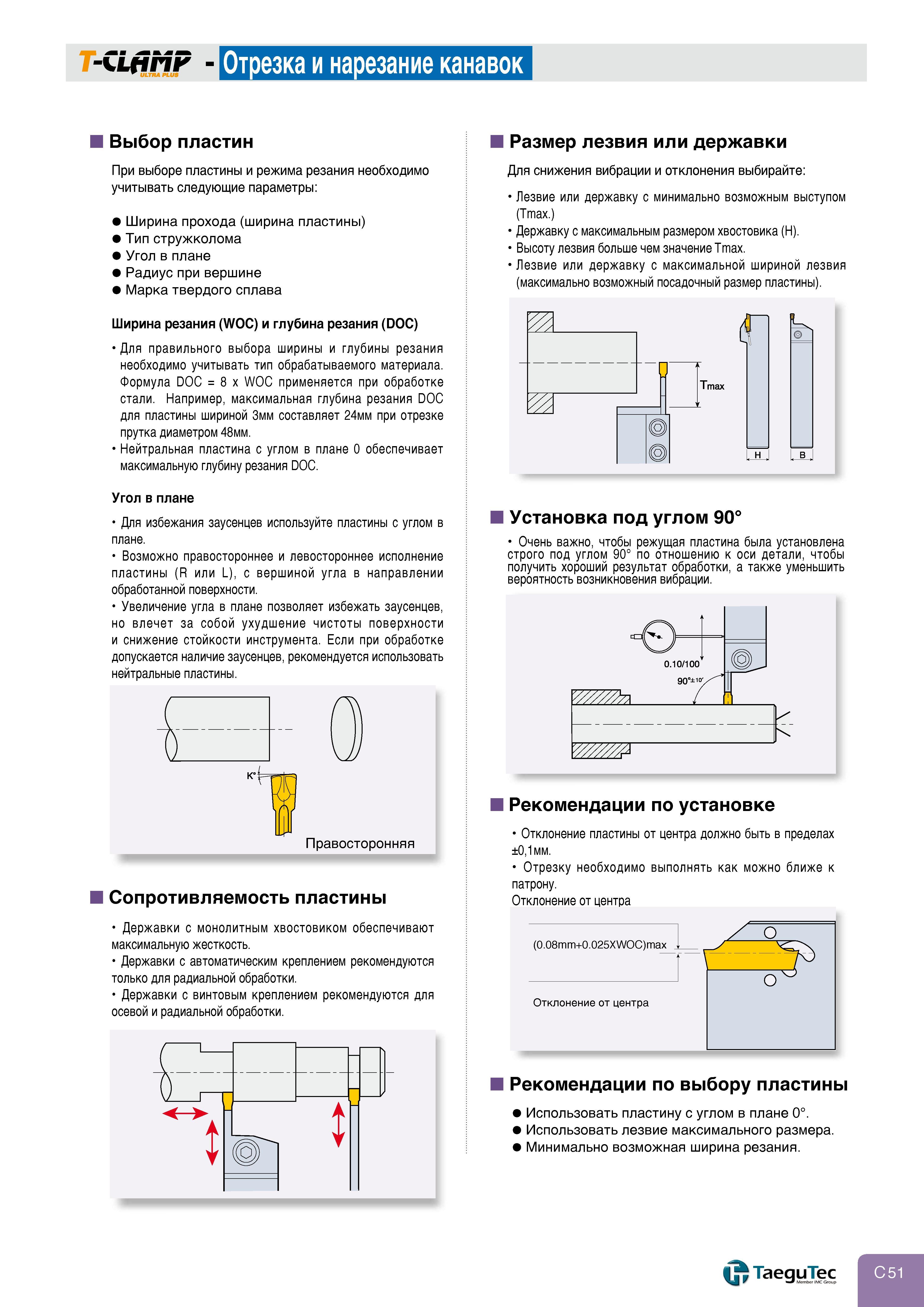 275 1-СЩпР ULTRA PLUS Отрезка и нарезание канавок Выбор пластин При выборе пластины и режима резания необходимо учитывать следующие параметры: Ширина пр Каталог TAEGUTEC 2011 Металлорежущий инструмент и инструментальная оснастка Стр. C51
