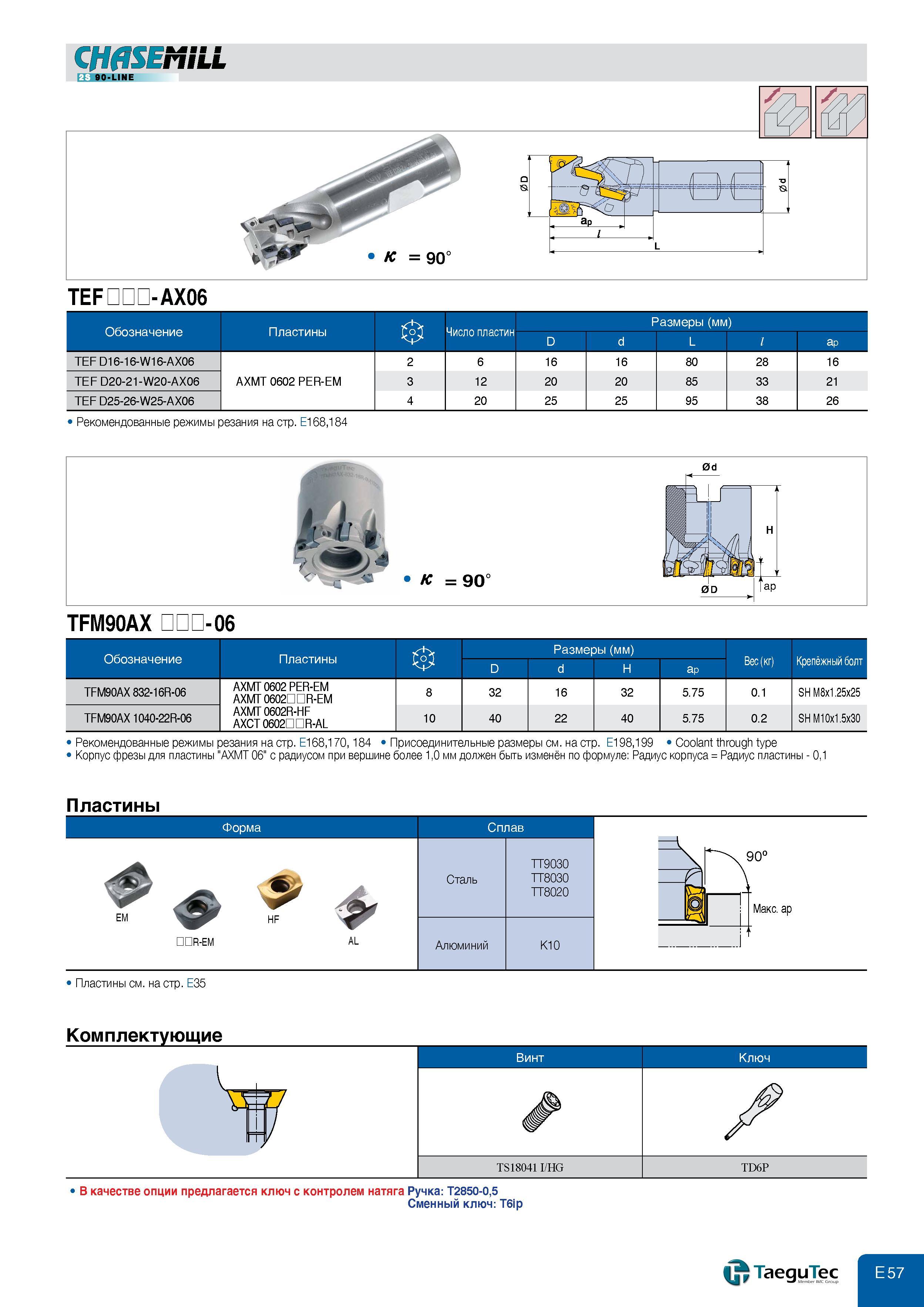 495 CHASEMILL 90-LINE TEF GDG-AX06 Обозначение Пластины Число пластин Размеры (мм) D d L l ap TEF D16-16-W16-AX06 AXMT 0602 PER-EM 2 6 16 16 80 28 16 TE Каталог TAEGUTEC 2011 Металлорежущий инструмент и инструментальная оснастка Стр. E57