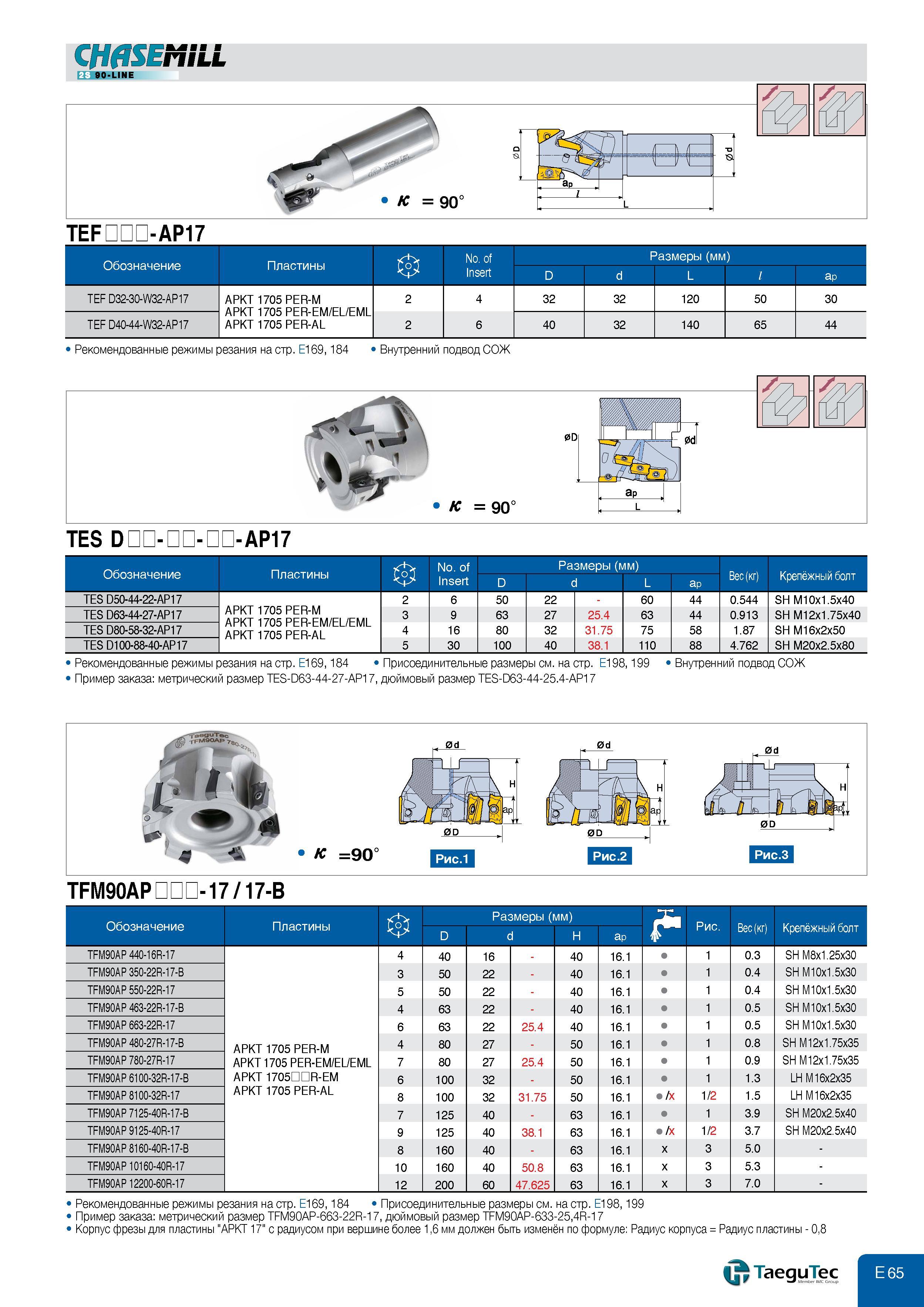 503 CHASEMILL FT 90-LINE TEF -AP No of Размеры (мм) Insert D d L l ap TEF D32-30-W32-AP17 APKT 1705 PER-M APKT 1705 PER-EM EL EML APKT 1705 PER-AL 2 4 3 Каталог TAEGUTEC 2011 Металлорежущий инструмент и инструментальная оснастка Стр. E65