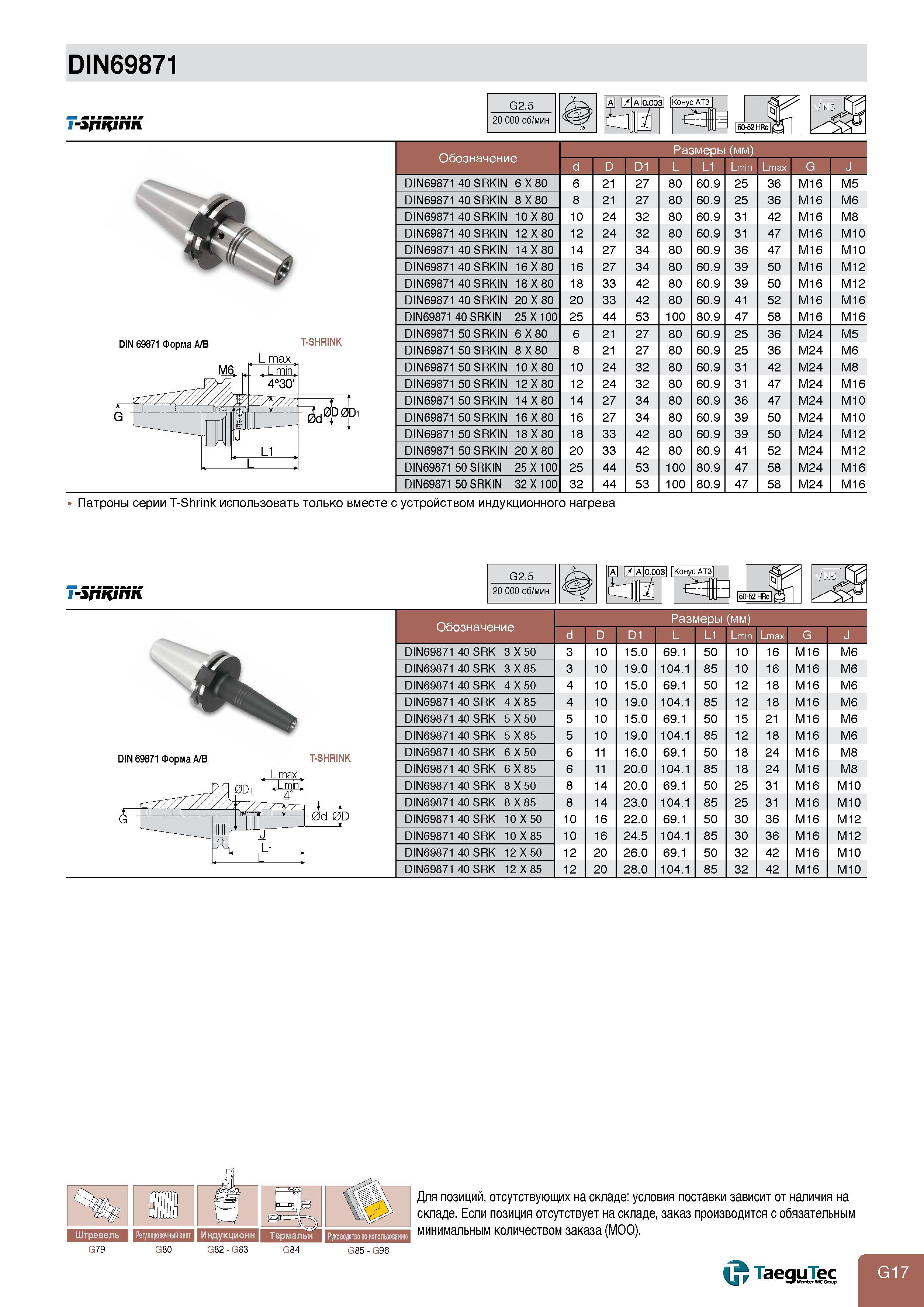 719 DIN69871 G2 5 20 000 об/мин A А 0 00з1 Конус АТ3 il ia DIN 69871 Форма А В T-SHRINK L max Размеры (мм) d D D1 L L1 Lmin Lmax G J DIN69871 40 SRKIN 6 Каталог TAEGUTEC 2011 Металлорежущий инструмент и инструментальная оснастка Стр. G17