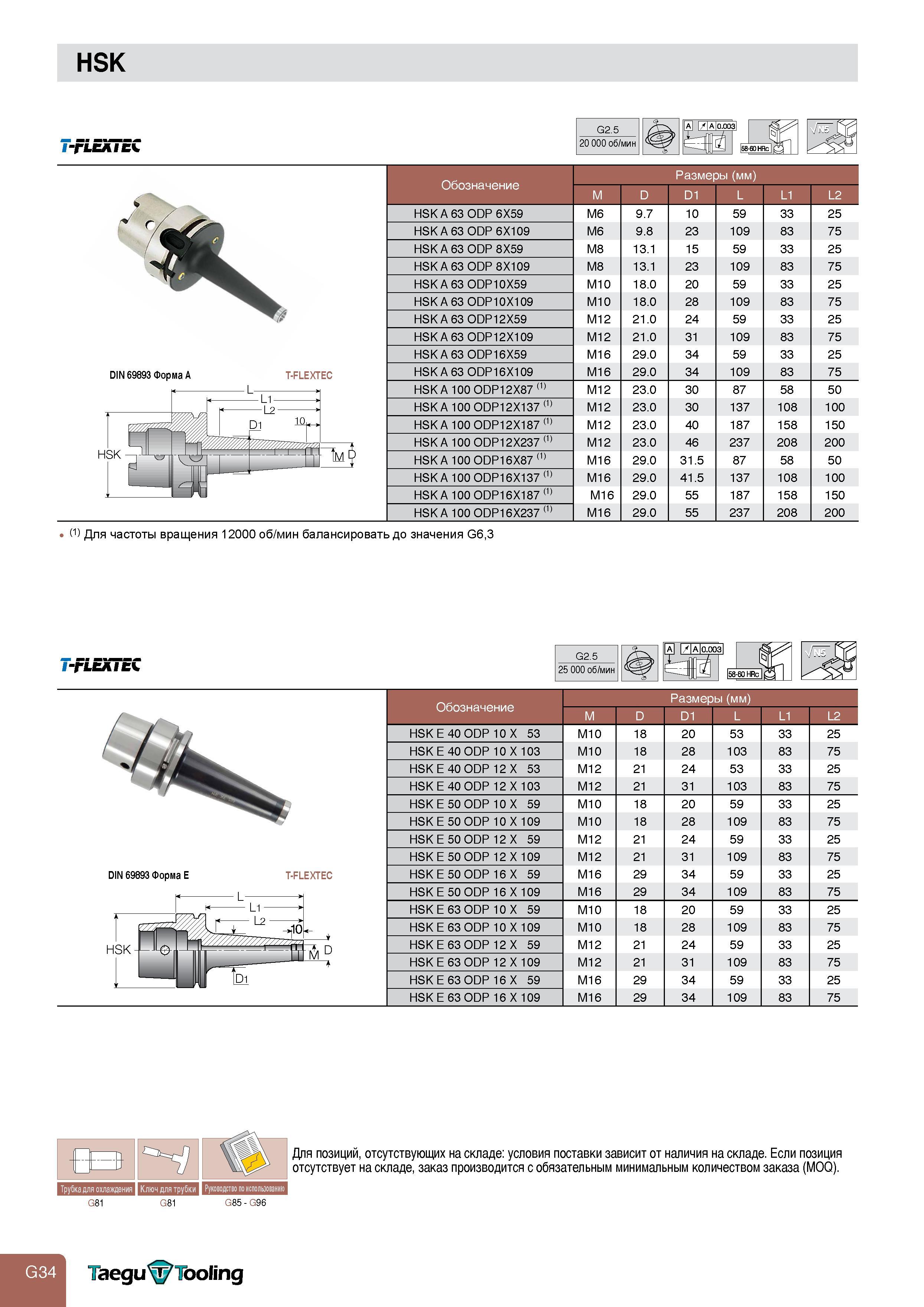 736 HSK DIN 69893 Форма A T-FLEXTEC G2 5 20 000 об/мин Обозначение Размеры (мм) M D D1 L L1 L2 HSK A 63 ODP 6X59 M6 9 7 10 59 33 25 HSK A 63 ODP 6X109 M Каталог TAEGUTEC 2011 Металлорежущий инструмент и инструментальная оснастка Стр. G34