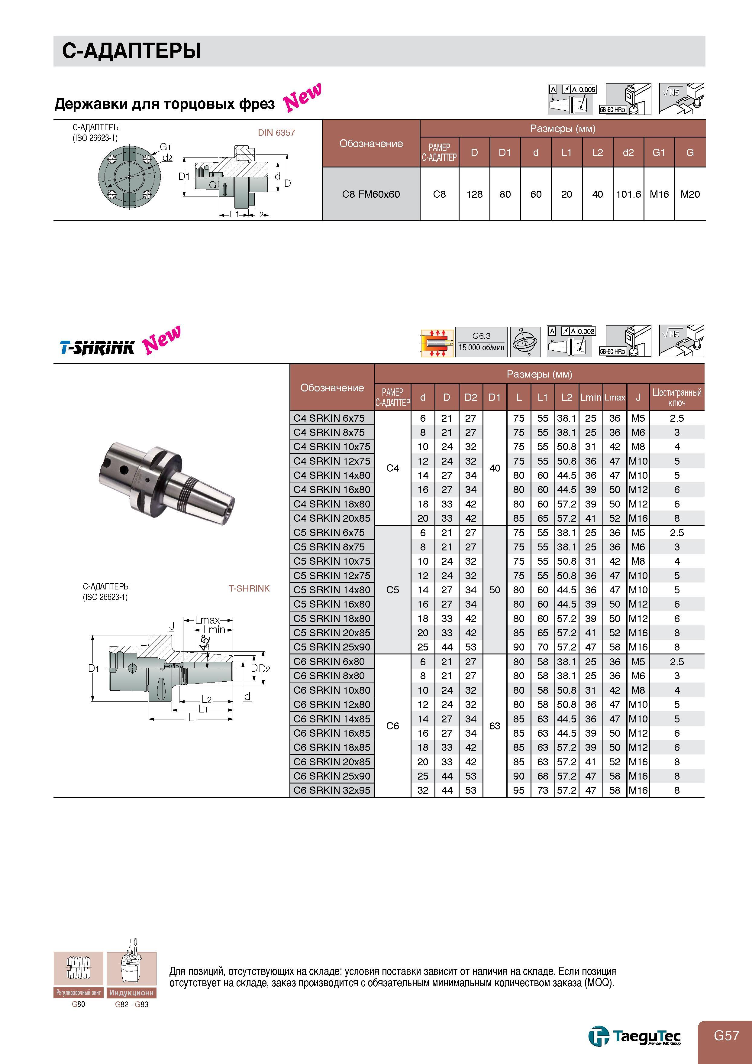 759 с-адаптеры Державки для торцовых фрез a A 0 005l 158-60 HRc С с-адаптеры (ISO 26623-1) DIN 6357 Размеры (мм) Во I1 U2 Обозначение C8 FM60x60 РАЗМЕР Каталог TAEGUTEC 2011 Металлорежущий инструмент и инструментальная оснастка Стр. G57
