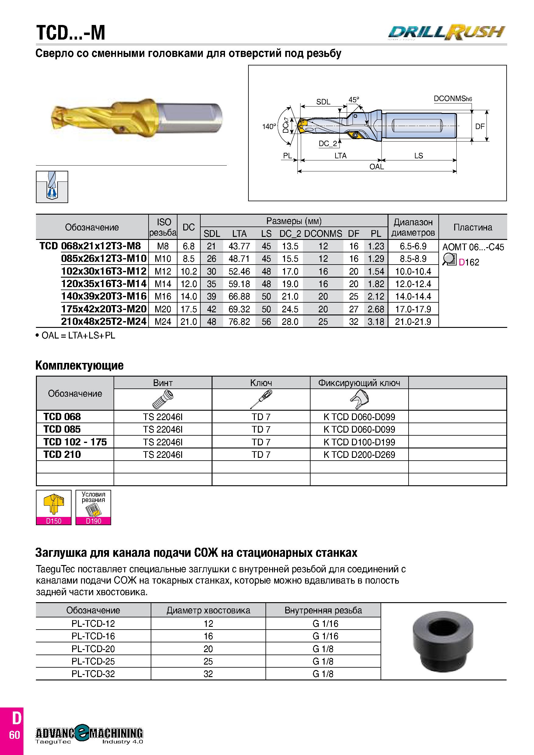 127 TCD -M drillwL sh Сверло со сменными головками для отверстий под резьбу 1 Г Обозначение ISO резьба DC Размеры (мм) Диапазон диаметров Пластина SD Каталог TAEGUTEC 2020 Вращающийся режущий и вспомогательный инструмент по металлу Твердосплавные пластины Сборные фрезы с СМП Монолитные фрезы и сверла Инструментальные патроны Стр. D60