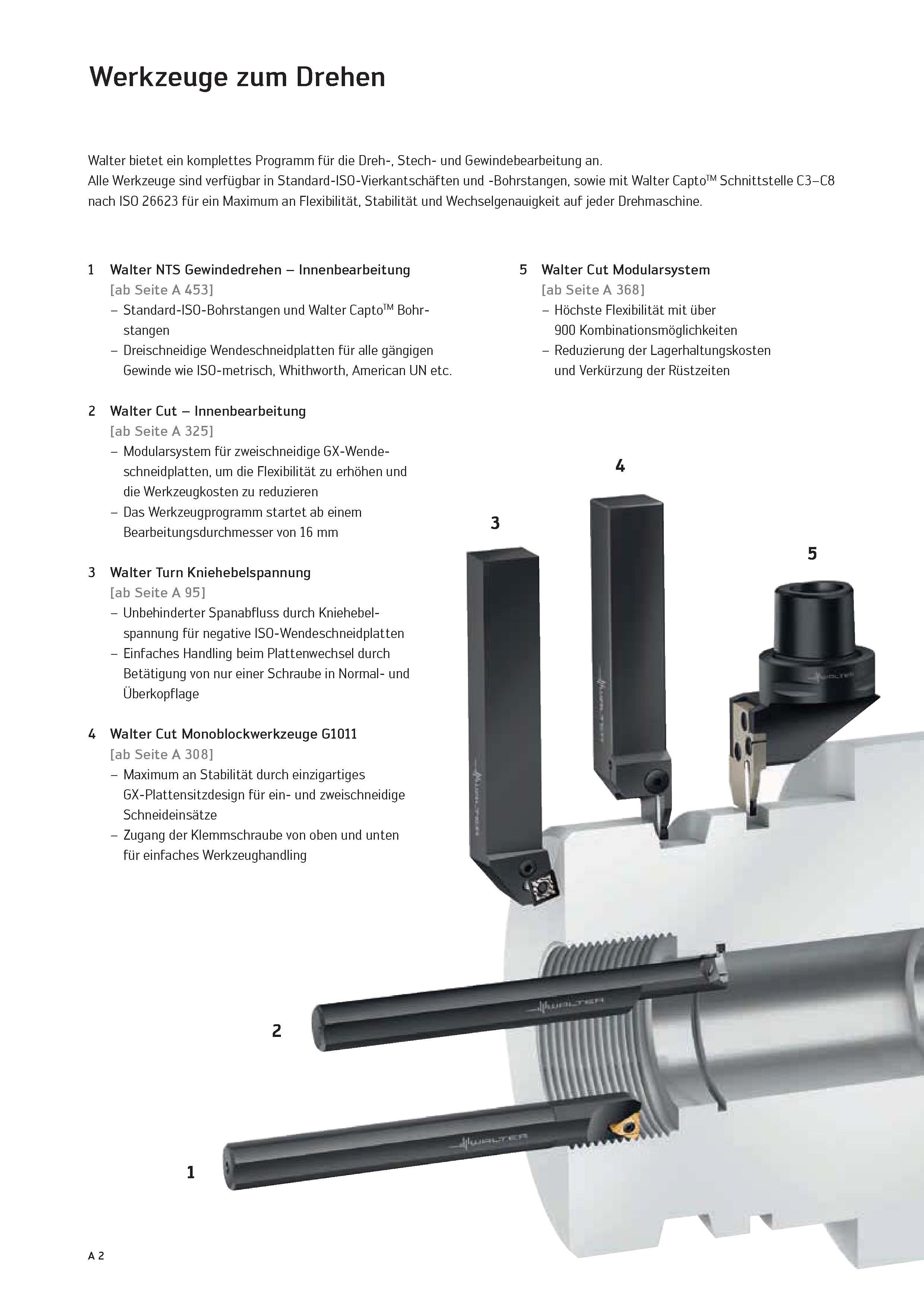 18 Werkzeuge zum Drehen Walter bietet ein komplettes Programm für die Dreh-, Stech- und Gewindebearbeitung an Alle Werkzeuge sind verfügbar in Stand Каталог WALTER 2016 Общий Инструмент станочный режущий и инструментальная оснастка Фрезы монолитные и сборные с твердосплавными сменными пластинами Сверла Резцы Оправки Стр. A2