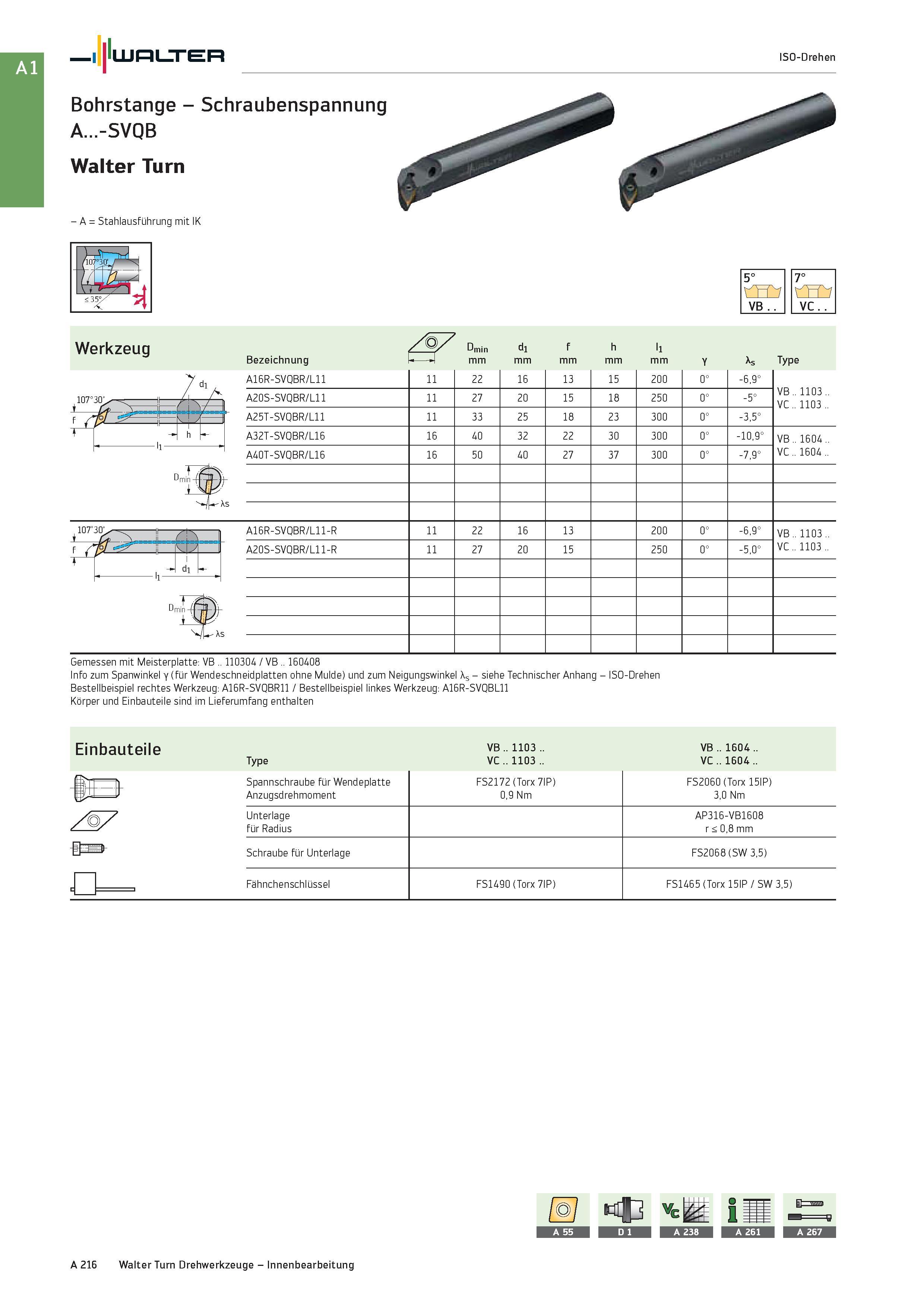 232 Walter ISO-Drehen Bohrstange - Schraubenspannung A -SVQB Walter Turn - A = StahlausfUhrung mit IK 5° 7° rTT'7 V'n'1 VB VC Gemessen mit Meisterpla Каталог WALTER 2016 Общий Инструмент станочный режущий и инструментальная оснастка Фрезы монолитные и сборные с твердосплавными сменными пластинами Сверла Резцы Оправки Стр. A216
