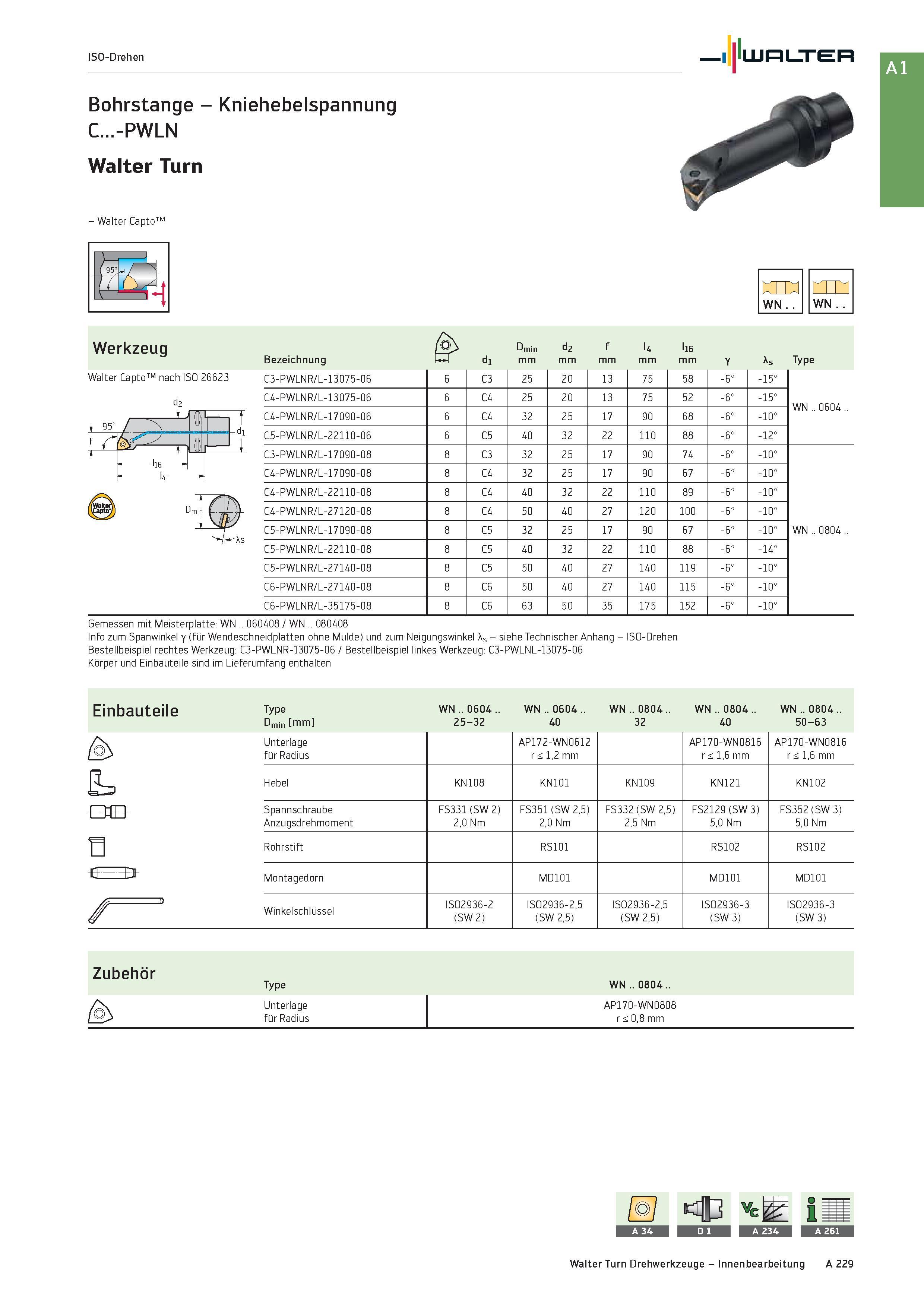 245 ISO-Drehen Bohrstange - Kniehebelspannung C -PWLN Walter Turn - Walter Capto Werkzeug Walter Capto nach ISO 26623 ran WN WN Bezeichnung & di Dmin Каталог WALTER 2016 Общий Инструмент станочный режущий и инструментальная оснастка Фрезы монолитные и сборные с твердосплавными сменными пластинами Сверла Резцы Оправки Стр. A229