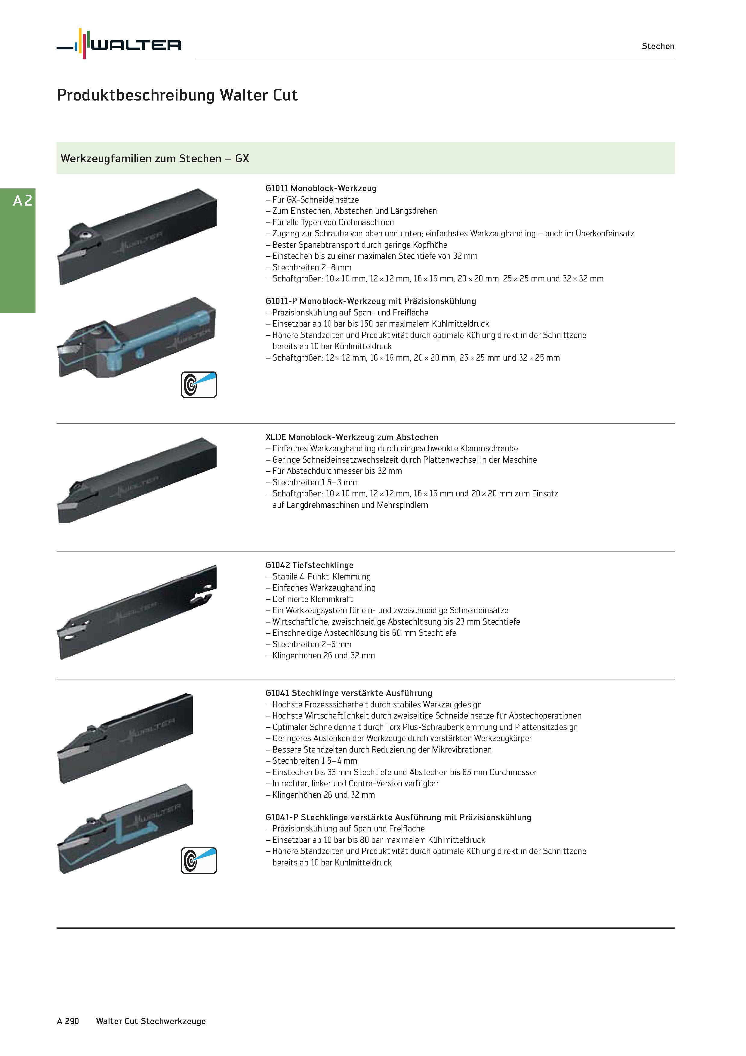 306 Walter Stechen Produktbeschreibung Walter Cut Werkzeugfamilien zum Stechen - GX G1011 Monoblock-Werkzeug - Für GX-Schneideinsätze - Zum Einsteche Каталог WALTER 2016 Общий Инструмент станочный режущий и инструментальная оснастка Фрезы монолитные и сборные с твердосплавными сменными пластинами Сверла Резцы Оправки Стр. A290