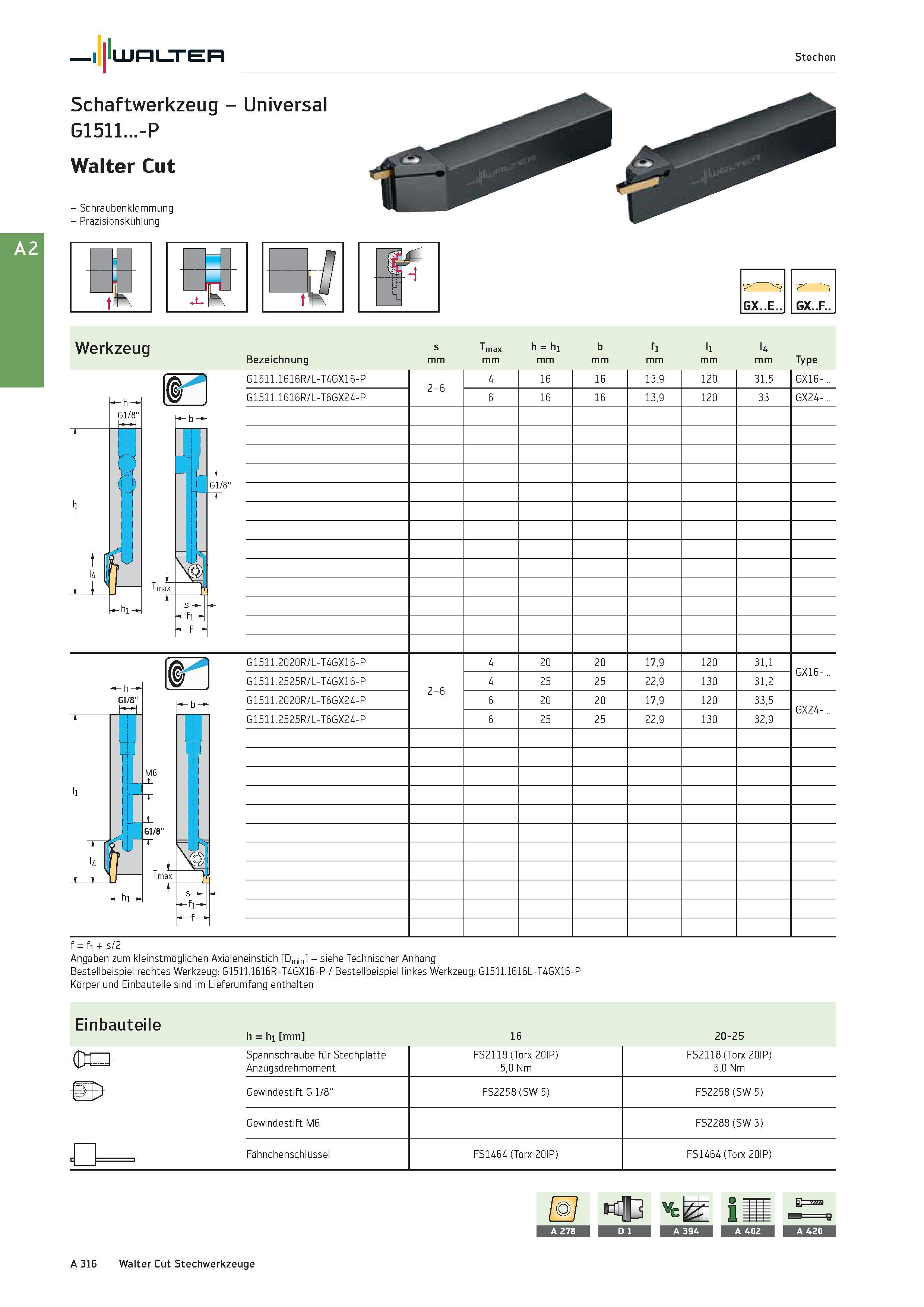 332 Walter Stechen Schaftwerkzeug - Universal G1511 -P Walter Cut - Schraubenklemmung - Präzisionskühlung EE Nw J ui >< LD GX F Werkzeug s Tmax h = h Каталог WALTER 2016 Общий Инструмент станочный режущий и инструментальная оснастка Фрезы монолитные и сборные с твердосплавными сменными пластинами Сверла Резцы Оправки Стр. A316