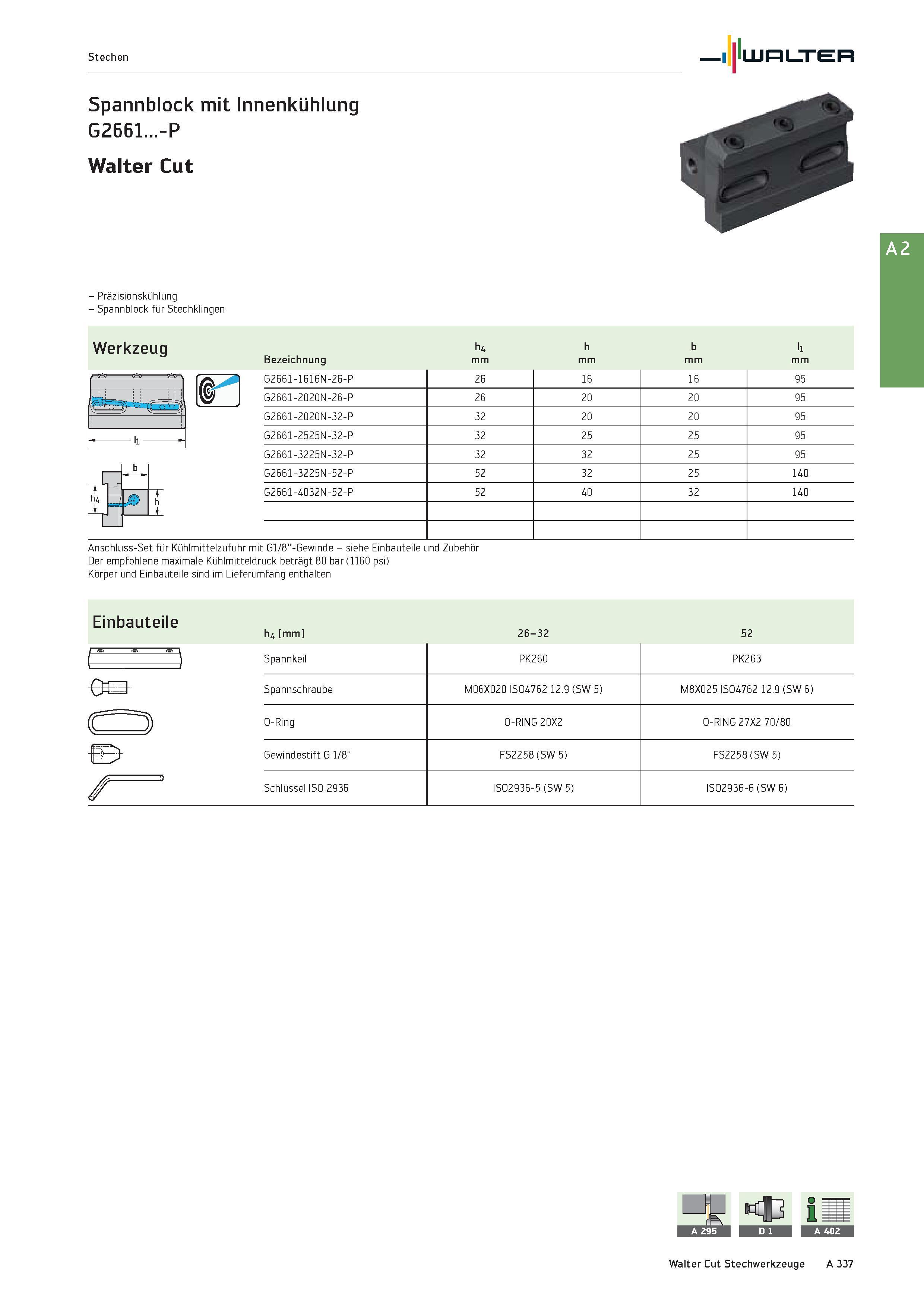 353 A 2 - Präzisionskühlung - Spannblock für Stechklingen Werkzeug h4 h b l1 Bezeichnung mm P“ 'ä G2661-1616N-26-P 26 16 16 95 ig/ G2661-2020N-26-P 2 Каталог WALTER 2016 Общий Инструмент станочный режущий и инструментальная оснастка Фрезы монолитные и сборные с твердосплавными сменными пластинами Сверла Резцы Оправки Стр. A337