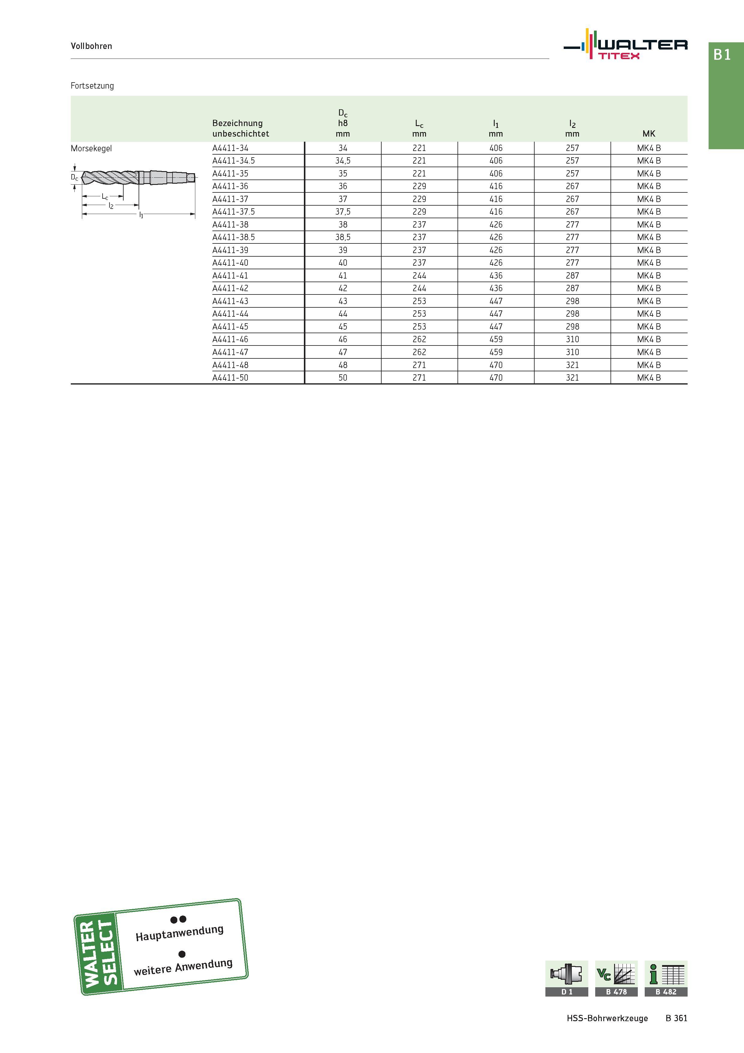 875 Vollbohren Walter TITEX Fortsetzung Bezeichnung unbeschichtet u co E E Lc mm ll mm l2 mm MK Morsekegel A4411-34 34 21 2 406 257 MK4 B A4411-34 5 Каталог WALTER 2016 Общий Инструмент станочный режущий и инструментальная оснастка Фрезы монолитные и сборные с твердосплавными сменными пластинами Сверла Резцы Оправки Стр. B361