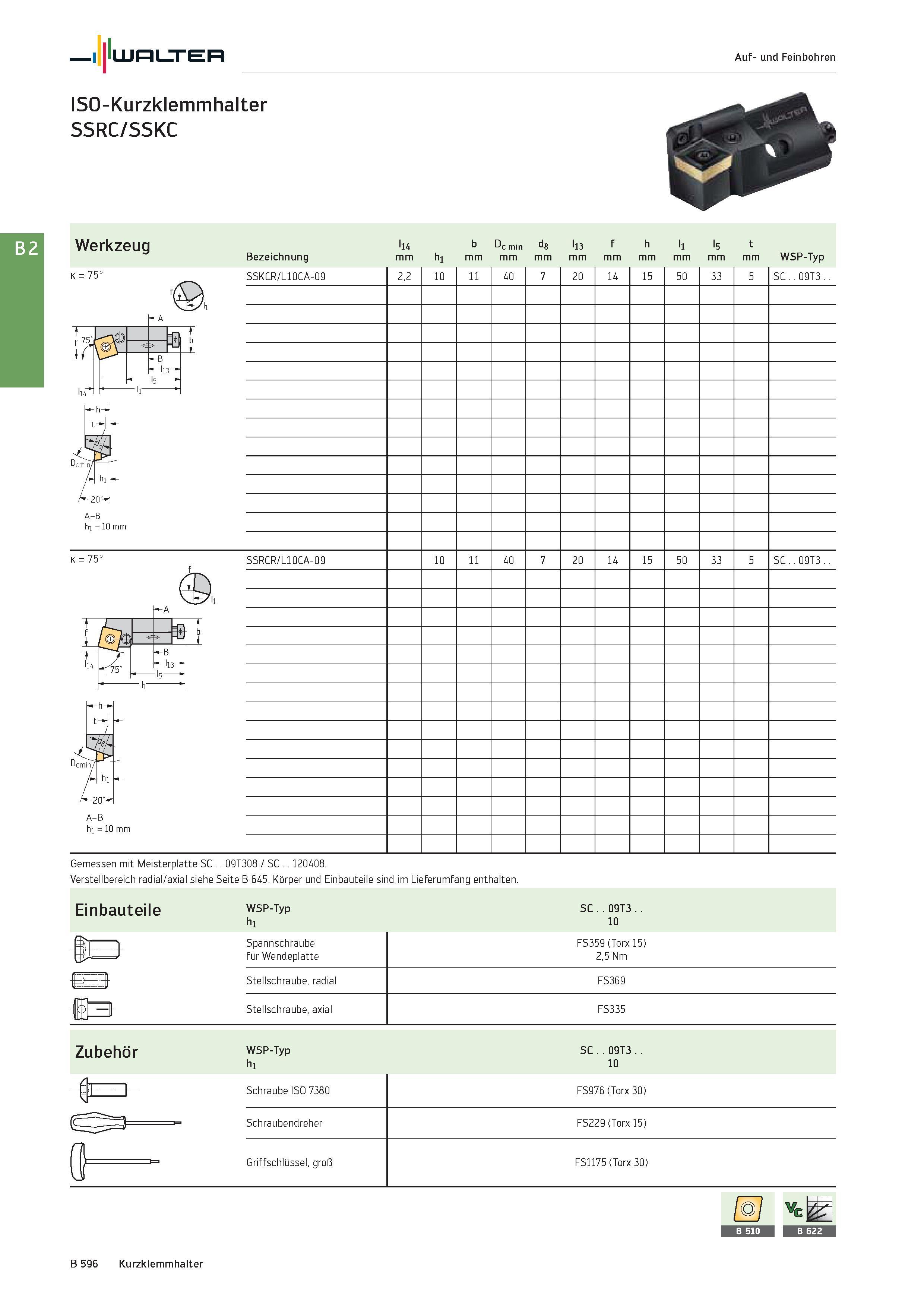 1110 Walter Auf- und Feinbohren ISO-Kurzklemmhalter SSRC/SSKC Werkzeug K = 75° Bezeichnung A-B h1 = 10 mm l14 mm b Dc min d8 mm l13 mm f mm h mm l1 mm Каталог WALTER 2016 Общий Инструмент станочный режущий и инструментальная оснастка Фрезы монолитные и сборные с твердосплавными сменными пластинами Сверла Резцы Оправки Стр. B596