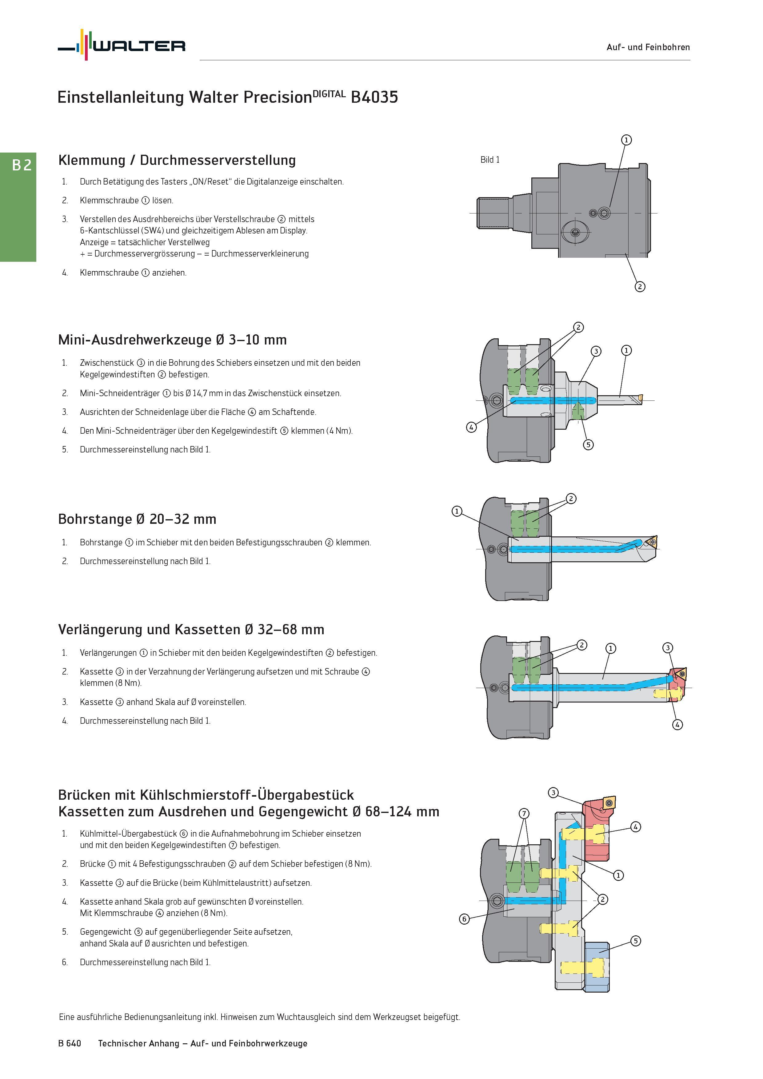 1154 Walter Auf- und Feinbohren Einstellanleitung Walter PrecisionDIGITAL B4035 Klemmung / Durchmesserverstellung 1 Durch Betätigung des Tasters „ON/R Каталог WALTER 2016 Общий Инструмент станочный режущий и инструментальная оснастка Фрезы монолитные и сборные с твердосплавными сменными пластинами Сверла Резцы Оправки Стр. B640