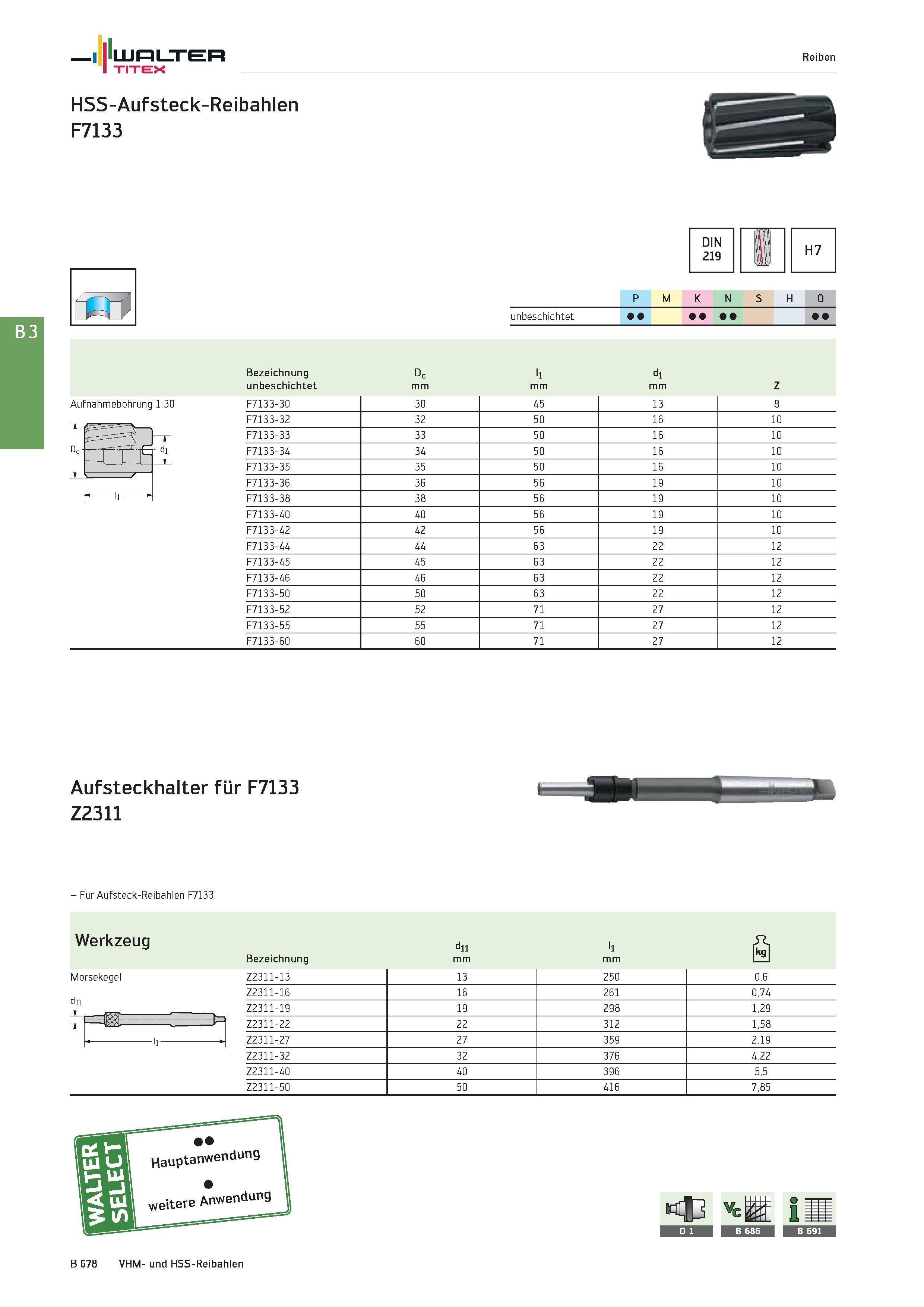 1192 Walter TITEX HSS-Aufsteck-Reibahlen F7133 Reiben DIN 219 H7 P M K N S H O unbeschichtet Bezeichnung unbeschichtet Dc mm l1 mm d1 mm Z Aufnahmeboh Каталог WALTER 2016 Общий Инструмент станочный режущий и инструментальная оснастка Фрезы монолитные и сборные с твердосплавными сменными пластинами Сверла Резцы Оправки Стр. B678