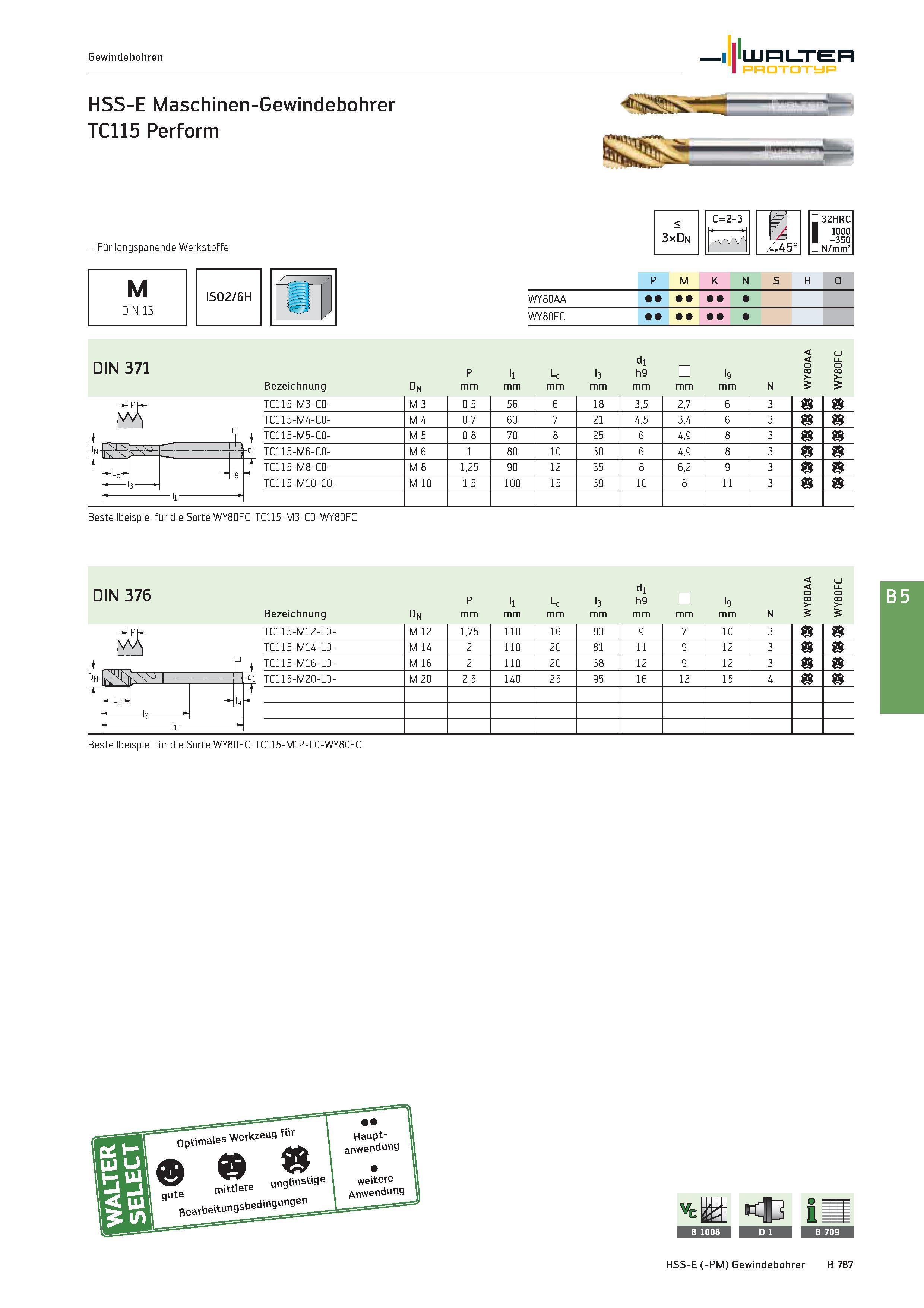 1301 - Für langspanende Werkstoffe < 3xDn C=2-3 32HRC 1000 -350 N/mm2 M DIN 13 ISO2/6H P M K N S H O WY80AA WY80FC DIN 371 P ll Lc l3 dl h9 l9 < < o 8 Каталог WALTER 2016 Общий Инструмент станочный режущий и инструментальная оснастка Фрезы монолитные и сборные с твердосплавными сменными пластинами Сверла Резцы Оправки Стр. B787