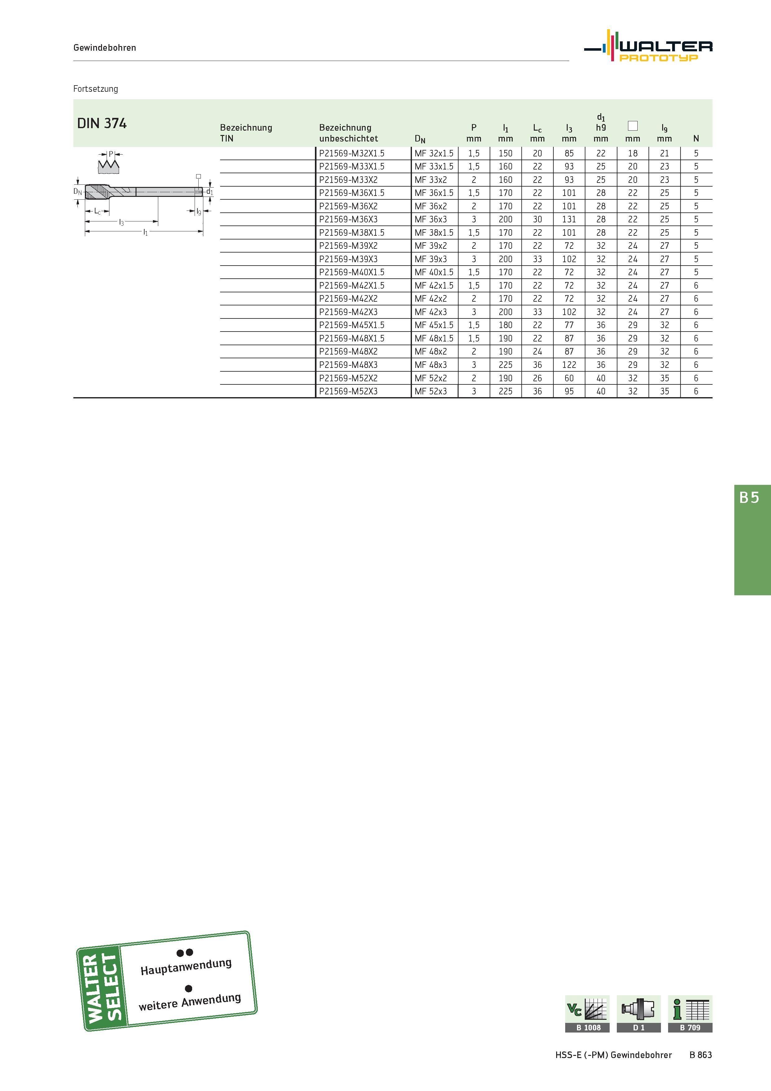 1377 Gewindebohren Fortsetzung liunLjrEn PPQTGTyP DIN 374 Bezeichnung Bezeichnung P ij Lc I3 h9 UH lg TIN unbeschichtet Dn mm N iph P21569-M32X1 5 MF Каталог WALTER 2016 Общий Инструмент станочный режущий и инструментальная оснастка Фрезы монолитные и сборные с твердосплавными сменными пластинами Сверла Резцы Оправки Стр. B863