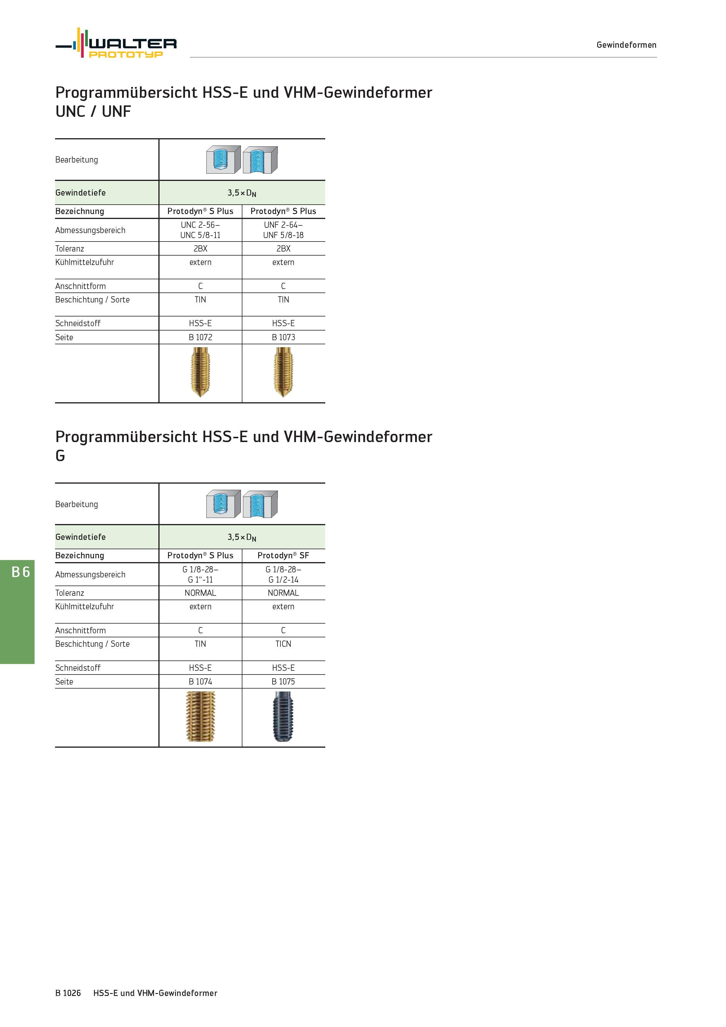 1540 Walter Prototyp Gewindeformen Programmübersicht HSS-E und VHM-Gewindeformer UNC / UNF Bearbeitung rirn Gewindetiefe 3,5 x Dn Bezeichnung Protodyn Каталог WALTER 2016 Общий Инструмент станочный режущий и инструментальная оснастка Фрезы монолитные и сборные с твердосплавными сменными пластинами Сверла Резцы Оправки Стр. B1026
