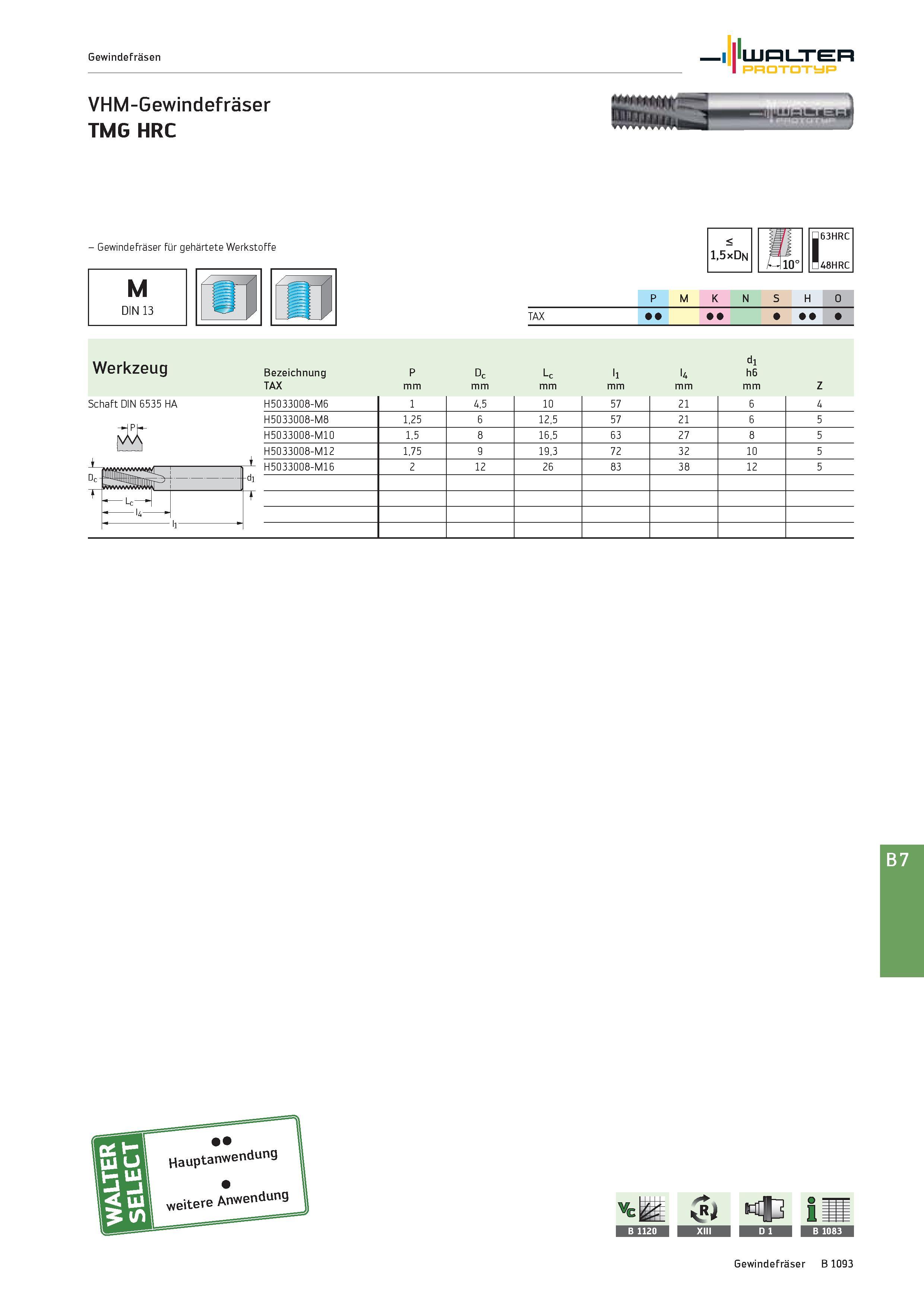 1607 Walter Prototyp Gewindefräsen VHM-Gewindefräser TMG HRC Werkzeug Bezeichnung TAX P mm Dc mm Lc mm l1 mm l4 mm d1 h6 mm Z Schaft DIN 6535 HA H5033 Каталог WALTER 2016 Общий Инструмент станочный режущий и инструментальная оснастка Фрезы монолитные и сборные с твердосплавными сменными пластинами Сверла Резцы Оправки Стр. B1093