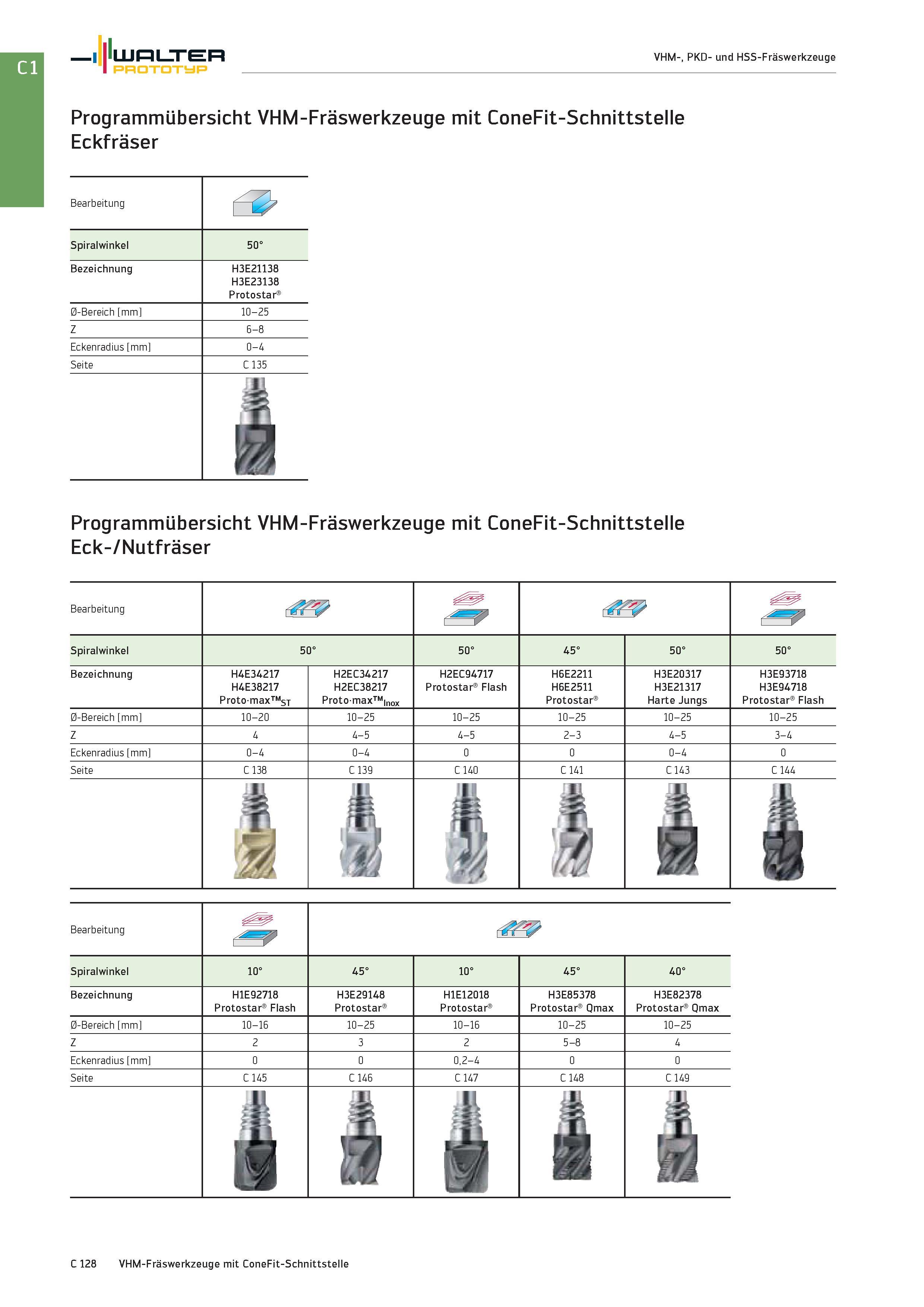 1840 Walter Prototyp VHM-, PKD- und HSS-Fräswerkzeuge Programmübersicht VHM-Fräswerkzeuge mit ConeFit-Schnittstelle Eckfräser Bearbeitung Spiralwinkel Каталог WALTER 2016 Общий Инструмент станочный режущий и инструментальная оснастка Фрезы монолитные и сборные с твердосплавными сменными пластинами Сверла Резцы Оправки Стр. C128