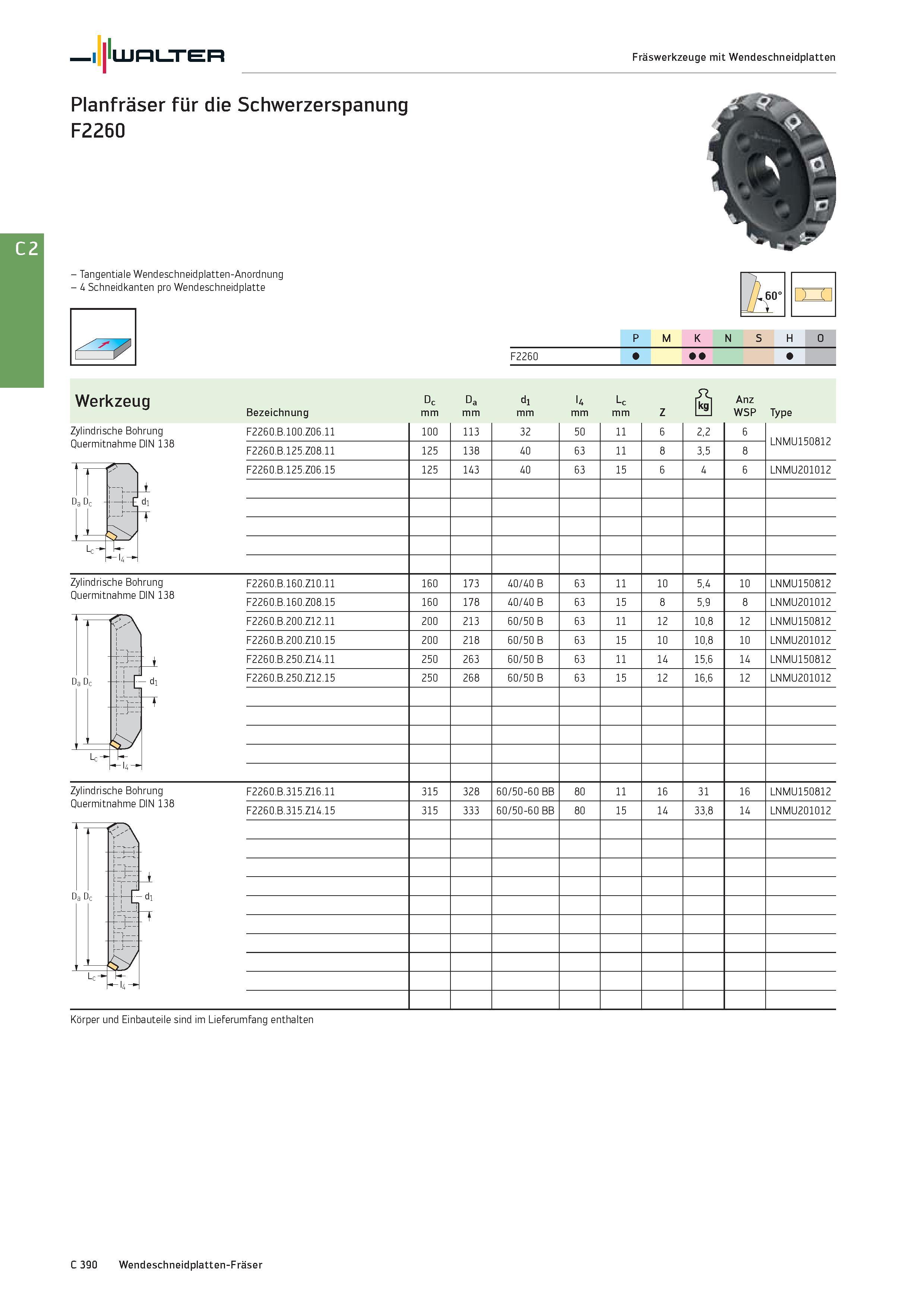 2102 Walter Fräswerkzeuge mit Wendeschneidplatten Planfräser für die Schwerzerspanung F2260 - Tangentiale Wendeschneidplatten-Anordnung - 4 Schneidkan Каталог WALTER 2016 Общий Инструмент станочный режущий и инструментальная оснастка Фрезы монолитные и сборные с твердосплавными сменными пластинами Сверла Резцы Оправки Стр. C390