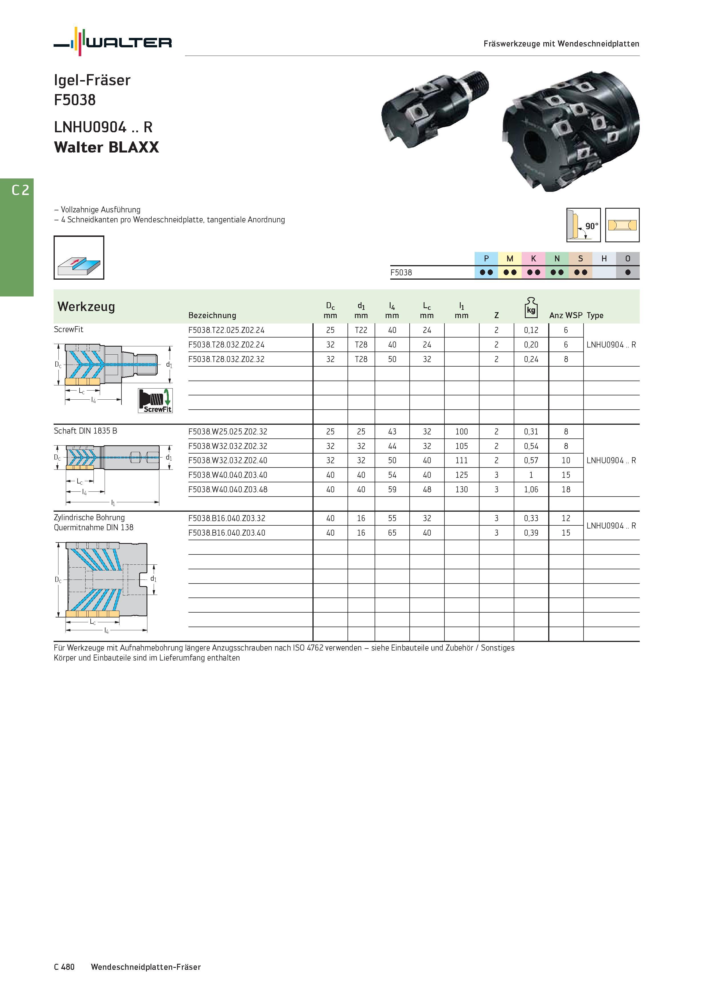 2192 Walter Fräswerkzeuge mit Wendeschneidplatten Igel-Fräser F5038 LNHU0904 R Walter BLAXX - Vollzahnige Ausführung - 4 Schneidkanten pro Wendeschnei Каталог WALTER 2016 Общий Инструмент станочный режущий и инструментальная оснастка Фрезы монолитные и сборные с твердосплавными сменными пластинами Сверла Резцы Оправки Стр. C480