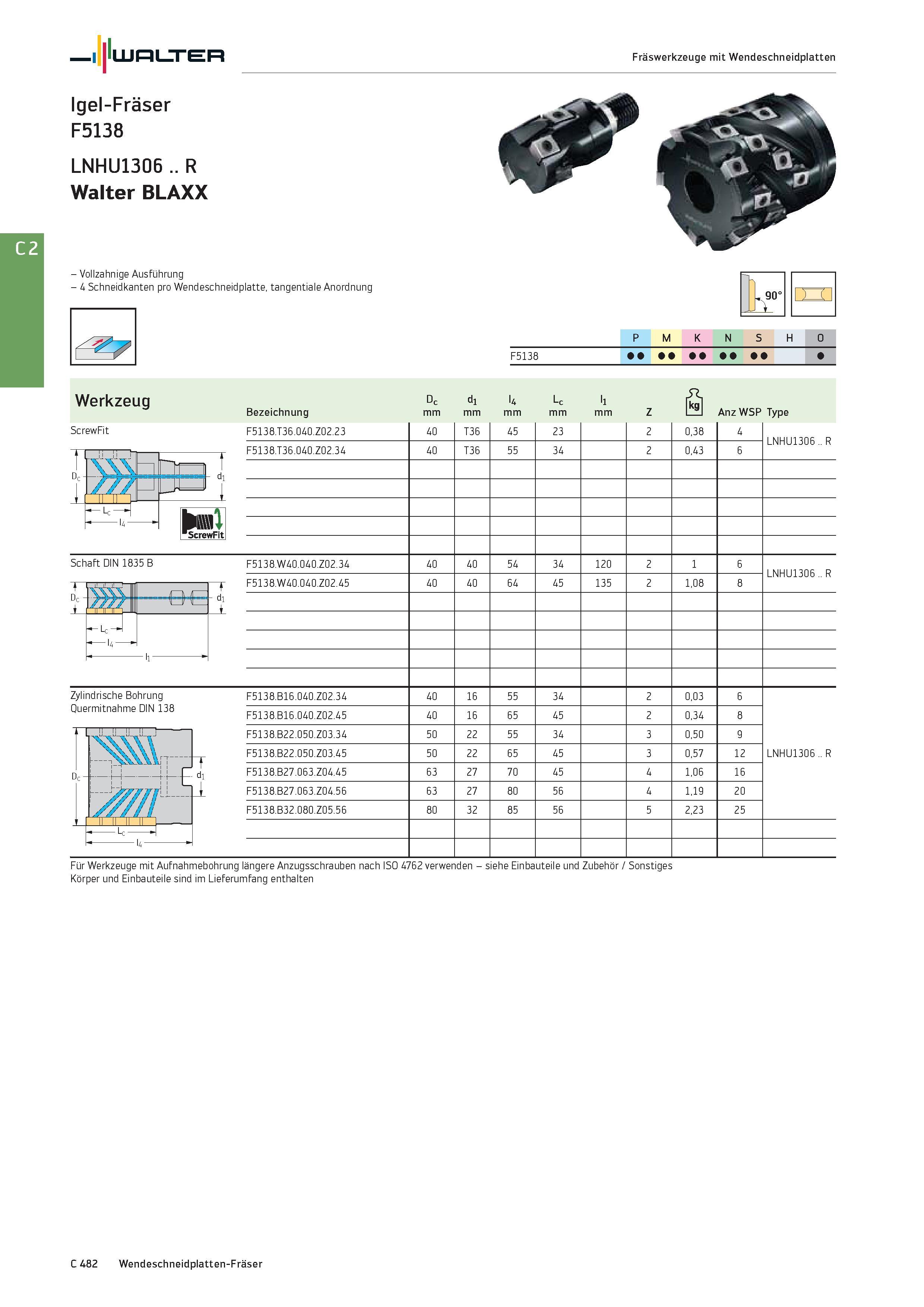 2194 Walter Fräswerkzeuge mit Wendeschneidplatten Igel-Fräser F5138 LNHU1306 R Walter BLAXX - Vollzahnige Ausführung - 4 Schneidkanten pro Wendeschnei Каталог WALTER 2016 Общий Инструмент станочный режущий и инструментальная оснастка Фрезы монолитные и сборные с твердосплавными сменными пластинами Сверла Резцы Оправки Стр. C482