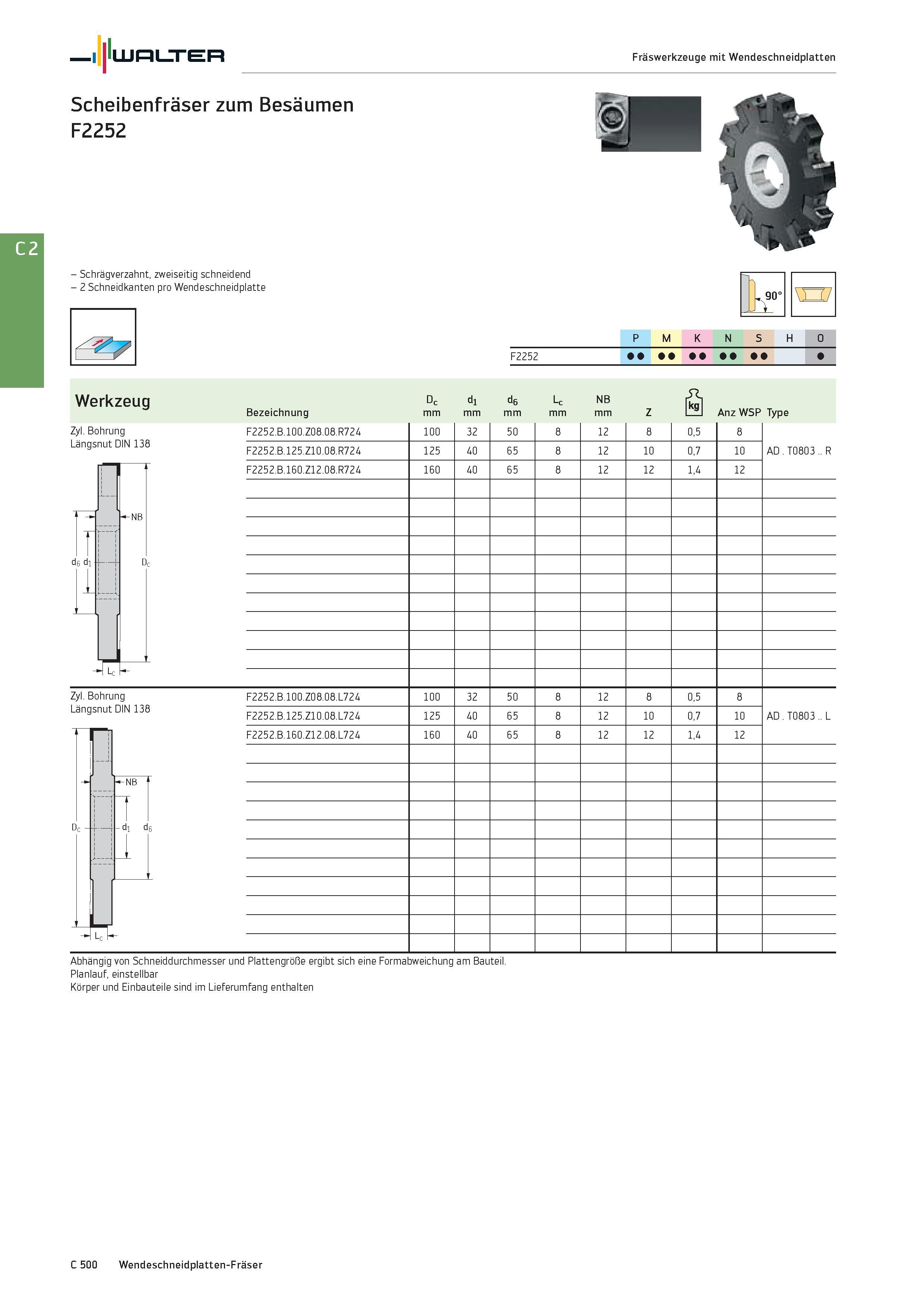 2212 Walter Fräswerkzeuge mit Wendeschneidplatten Scheibenfräser zum Besäumen F2252 - Schrägverzahnt, zweiseitig schneidend - 2 Schneidkanten pro Wend Каталог WALTER 2016 Общий Инструмент станочный режущий и инструментальная оснастка Фрезы монолитные и сборные с твердосплавными сменными пластинами Сверла Резцы Оправки Стр. C500
