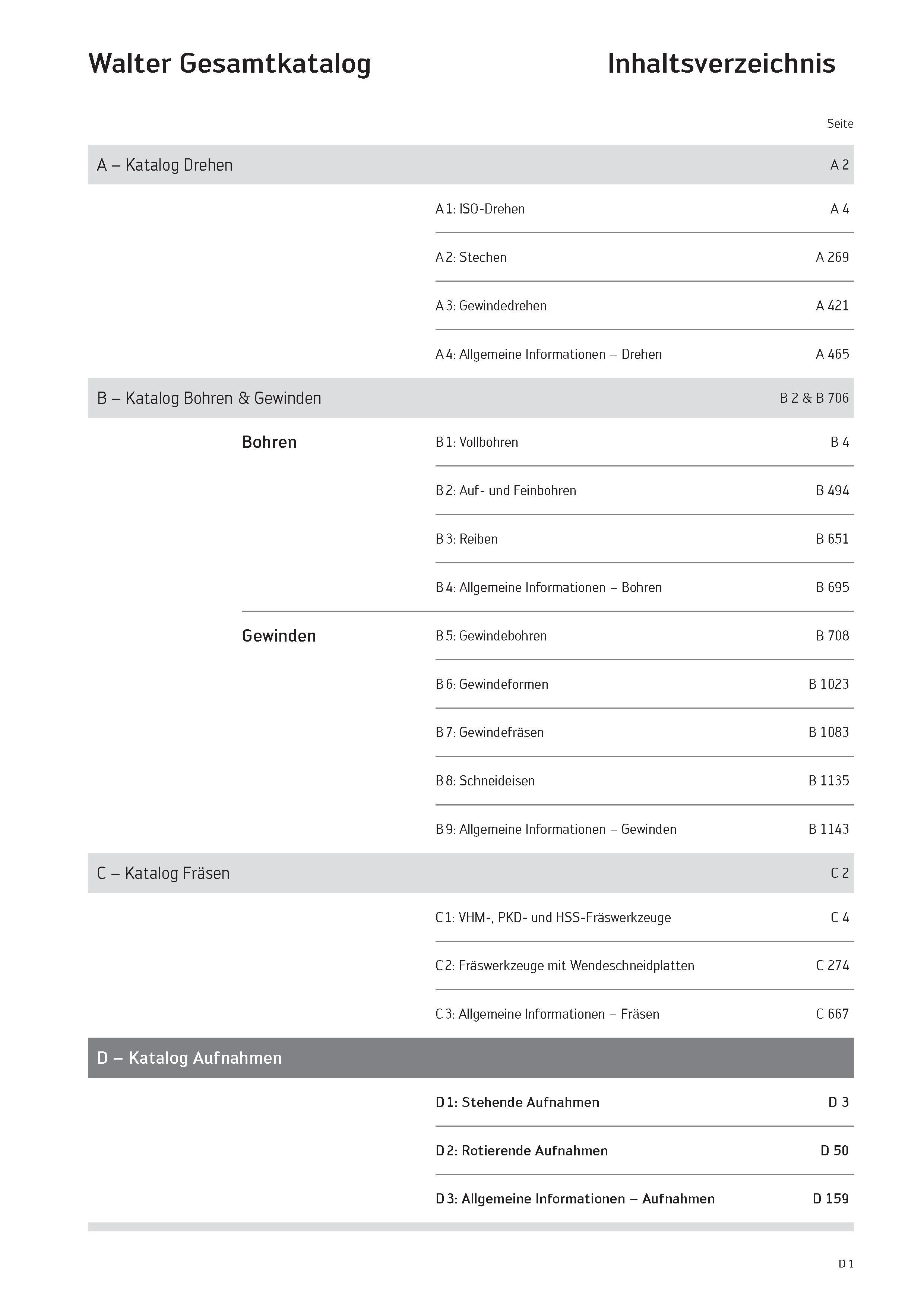 2413 Walter Gesamtkatalog Inhaltsverzeichnis Seite A - Katalog Drehen A 2 A 1: ISO-Drehen A 4 A 2: Stechen A 269 A 3: Gewindedrehen A 421 A 4: Allgeme Каталог WALTER 2016 Общий Инструмент станочный режущий и инструментальная оснастка Фрезы монолитные и сборные с твердосплавными сменными пластинами Сверла Резцы Оправки Стр. D1