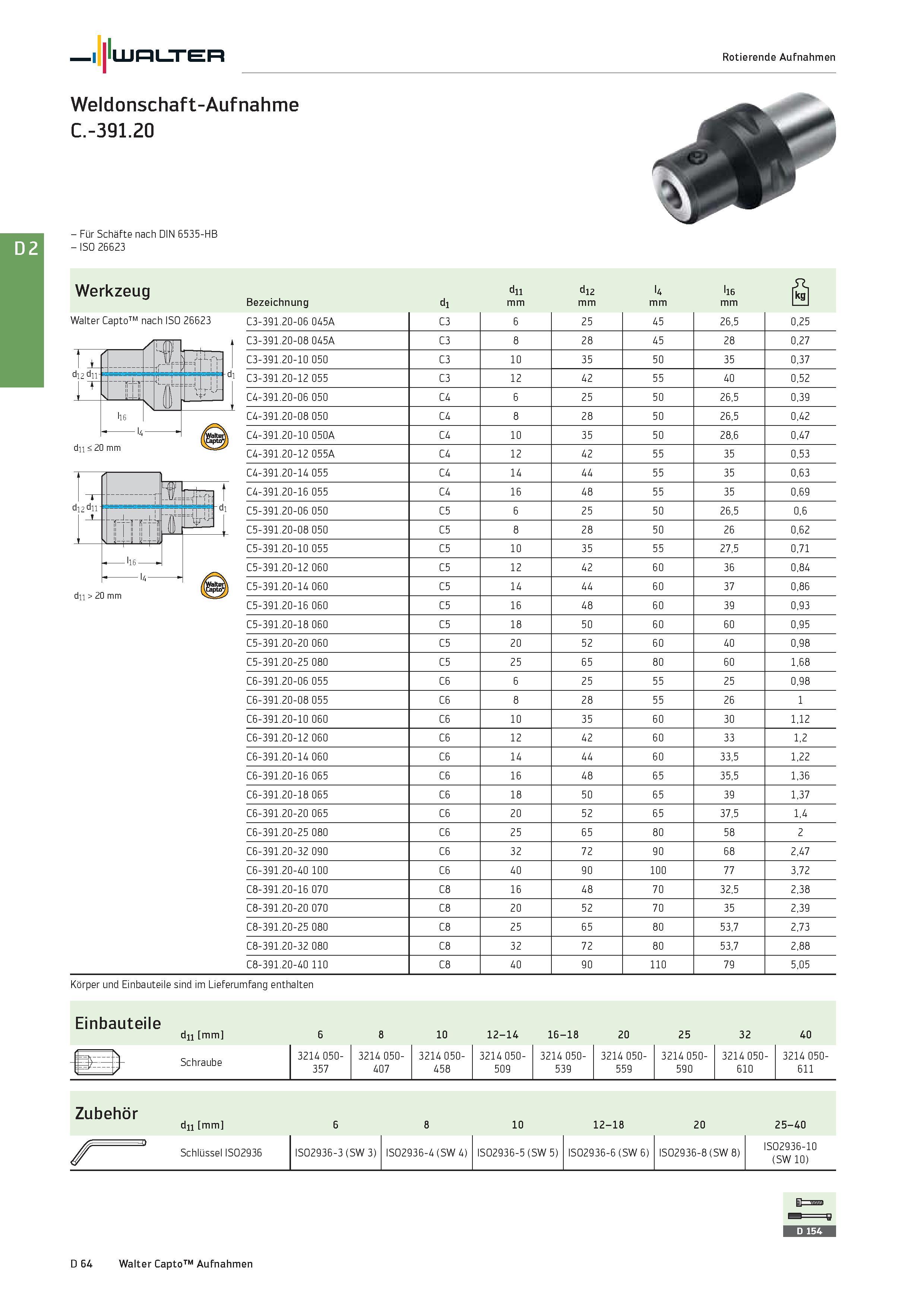 2476 Walter Rotierende Aufnahmen Weldonschaft-Aufnahme C -391 20 - Für Schäfte nach DIN 6535-HB - ISO 26623 Werkzeug Walter Capto nach ISO 26623 di2 d Каталог WALTER 2016 Общий Инструмент станочный режущий и инструментальная оснастка Фрезы монолитные и сборные с твердосплавными сменными пластинами Сверла Резцы Оправки Стр. D64
