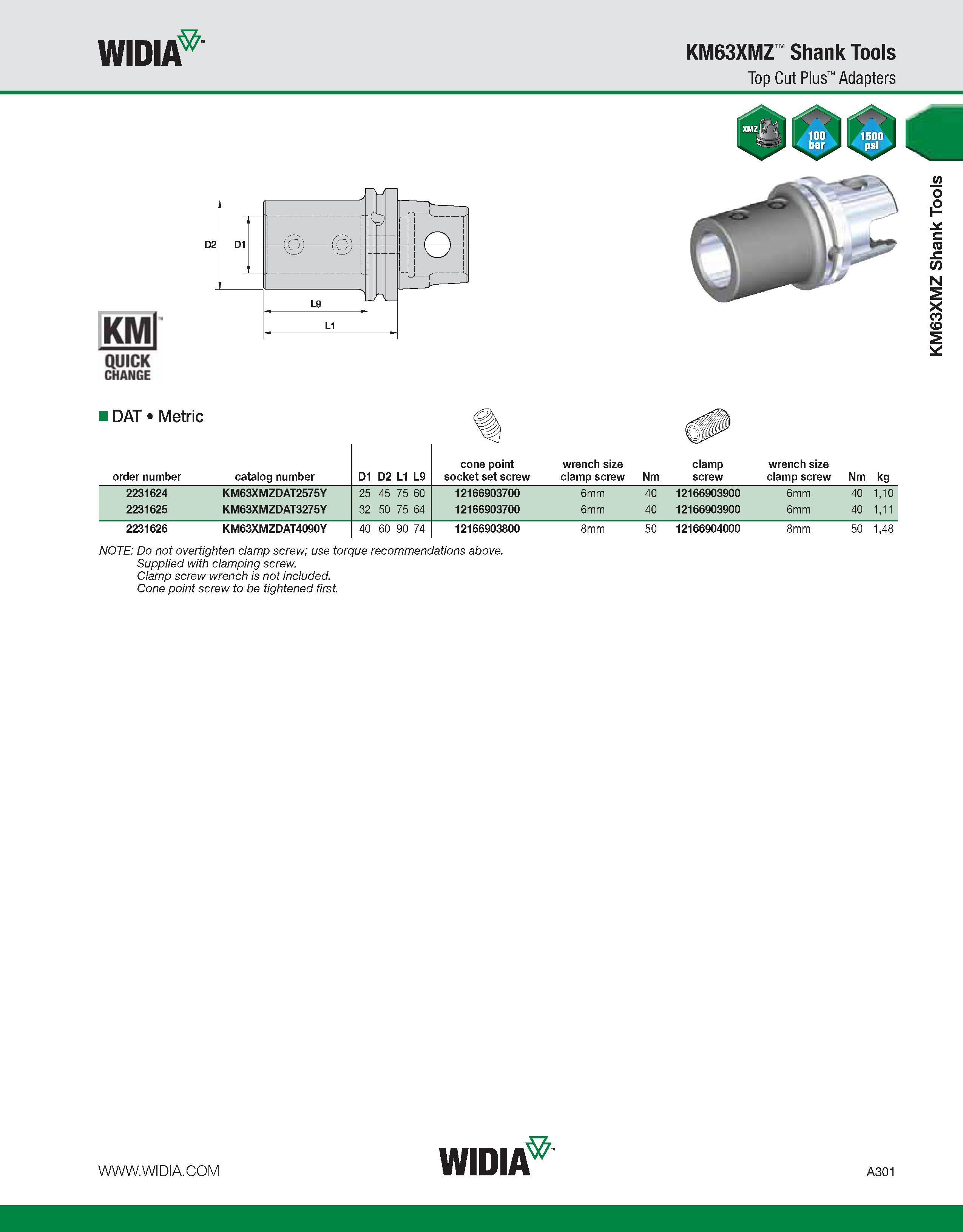311 WIDIA KM63XMZ Shank Tools Top Cut Plus Adapters KM QUICK CHANGE I DAT Metric cone point wrench size clamp wrench size order number catalog number Каталог WIDIA 2011 Инструментальная оснастка для металлорежущих станков Вспомогательный инструмент для оборудования Адаптеры Насадки Оправки Патроны Стр. A301 ENG