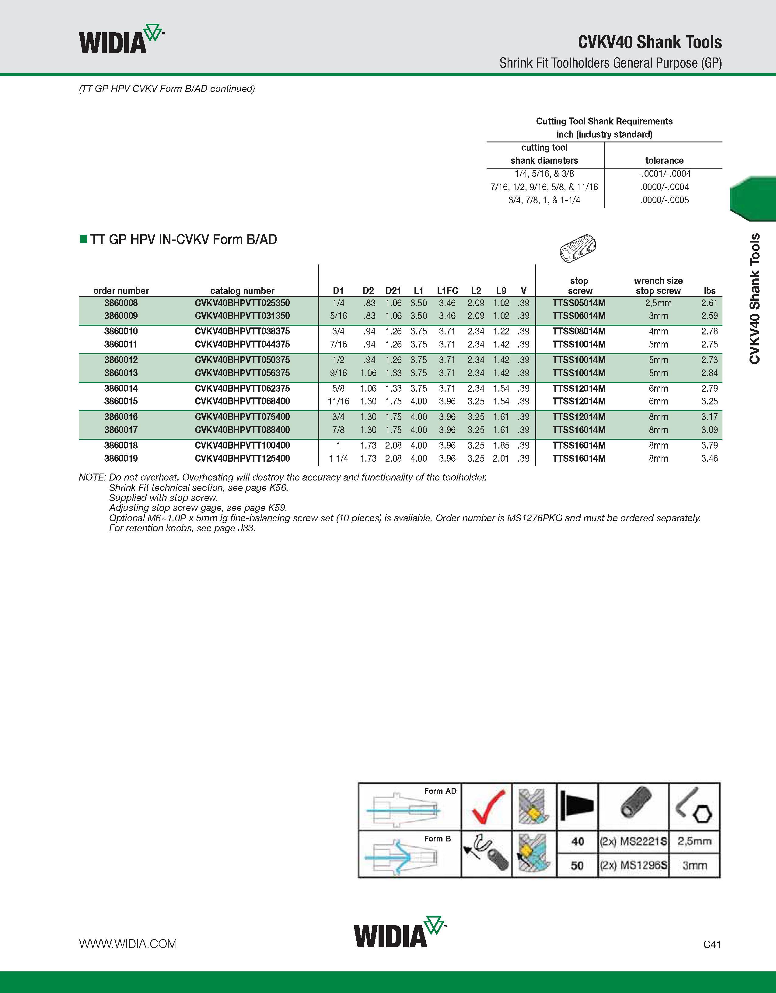 581 WIDIA CVKV40 Shank Tools Shrink Fit Toolholders General Purpose (GP) (TT GP HPV CVKV Form B/AD continued) I TT GP HPV IN-CVKV Form B/AD Cutting T Каталог WIDIA 2011 Инструментальная оснастка для металлорежущих станков Вспомогательный инструмент для оборудования Адаптеры Насадки Оправки Патроны Стр. C41 ENG