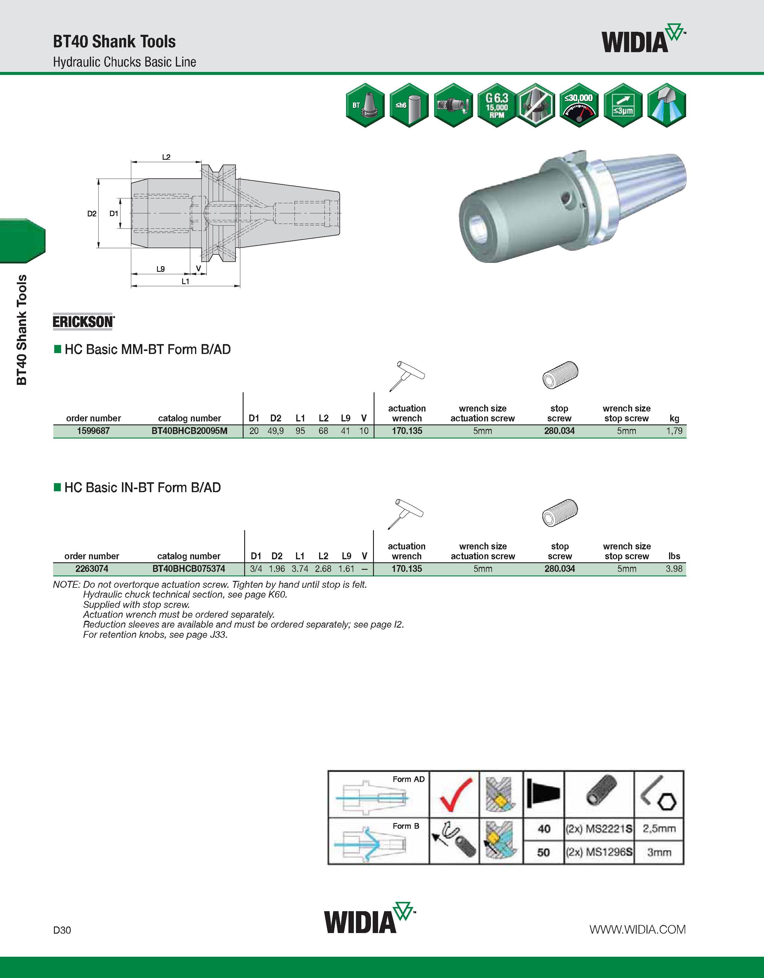 638 BT40 Shank Tools BT40 Shank Tools Hydraulic Chucks Basic Line WIDIA ERICKSON HC Basic MM-BT Form B/AD order number catalog number D1 D2 L1 L2 L9 Каталог WIDIA 2011 Инструментальная оснастка для металлорежущих станков Вспомогательный инструмент для оборудования Адаптеры Насадки Оправки Патроны Стр. D30 ENG