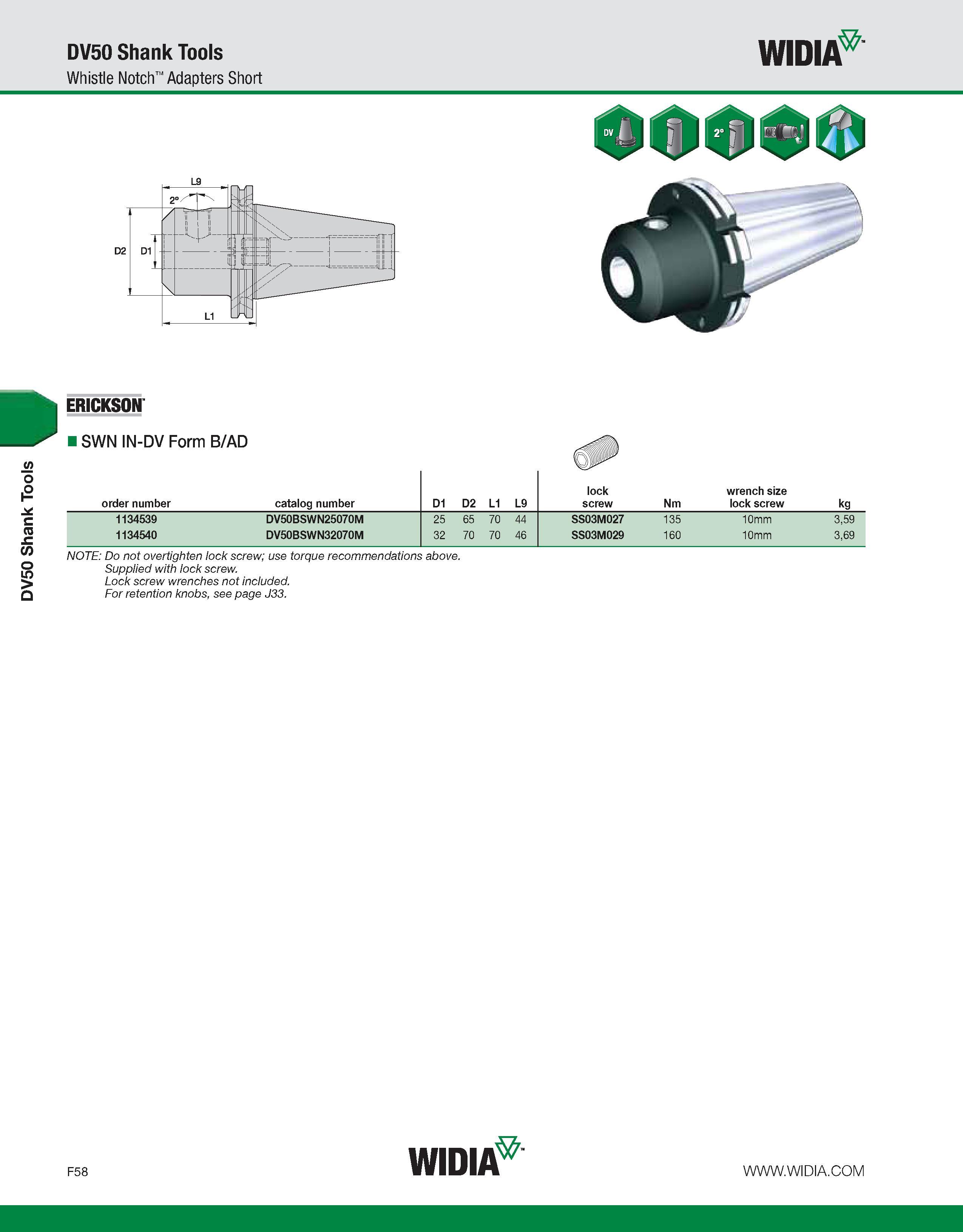838 DV50 Shank Tools DV50 Shank Tools Whistle Notch Adapters Short WIDIA ERICKSON ISWN IN-DV Form B/AD order number catalog number D1 D2 L1 L9 lock s Каталог WIDIA 2011 Инструментальная оснастка для металлорежущих станков Вспомогательный инструмент для оборудования Адаптеры Насадки Оправки Патроны Стр. F58 ENG