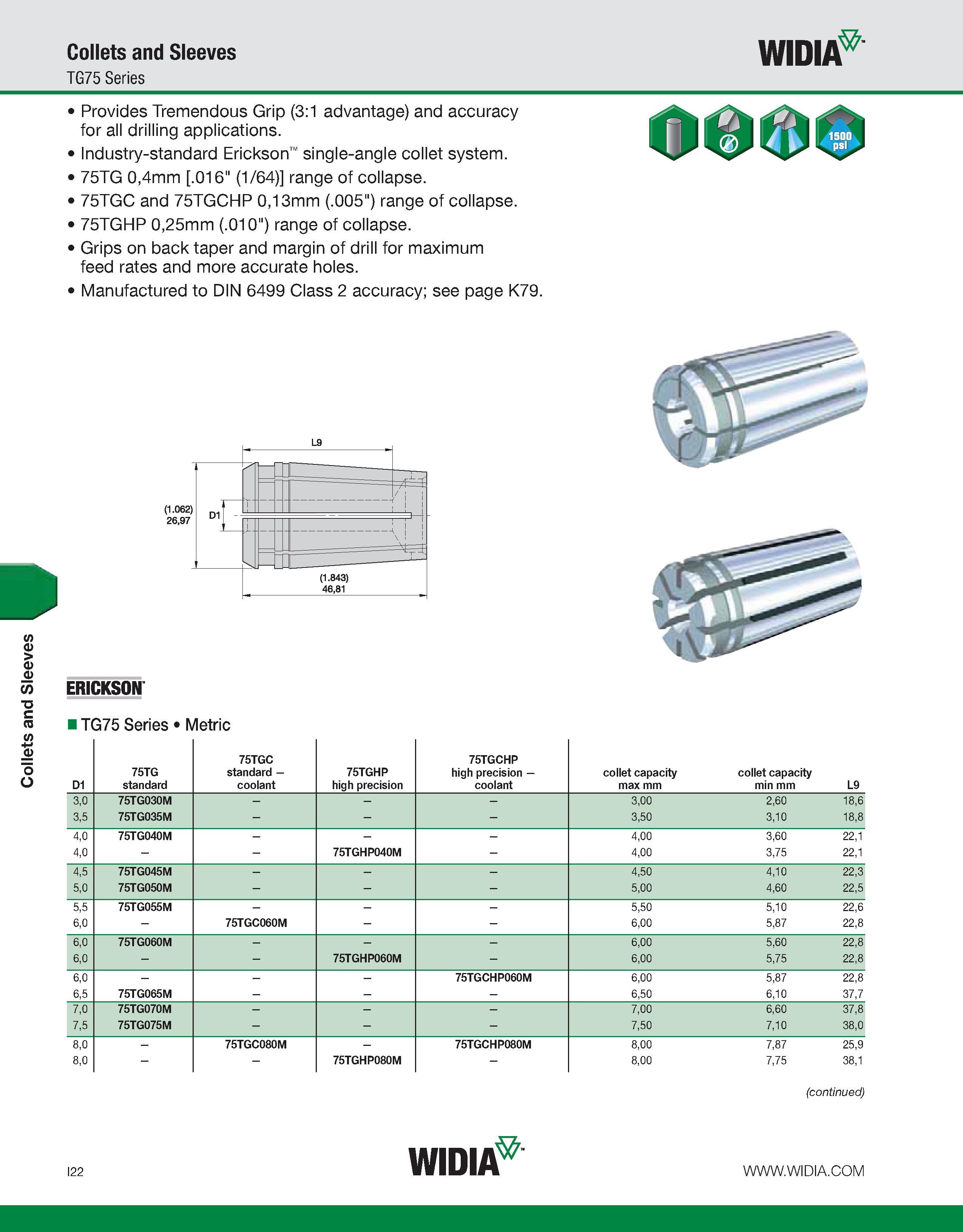 930 Collets and Sleeves Collets and Sleeves TG75 Series WIDIA Provides Tremendous Grip (3:1 advantage) and accuracy for all drilling applications Ind Каталог WIDIA 2011 Инструментальная оснастка для металлорежущих станков Вспомогательный инструмент для оборудования Адаптеры Насадки Оправки Патроны Стр. I22 ENG
