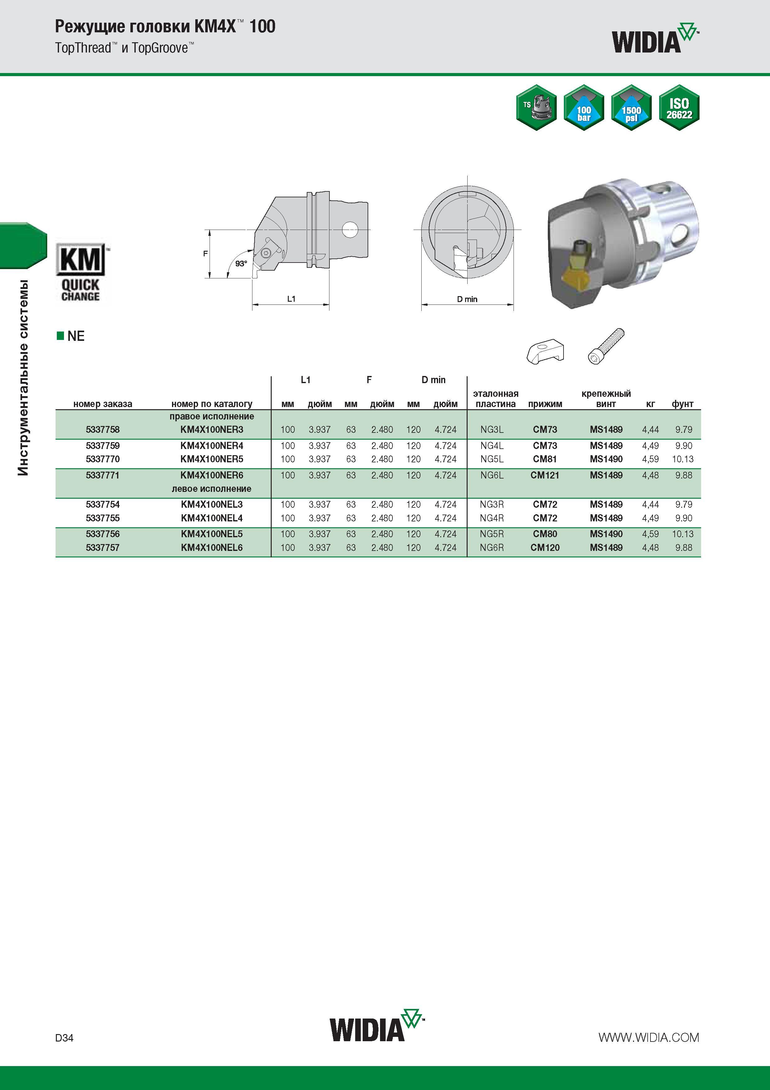 350 Инструментальные системы Режущие головки KM4X 100 TopThread и TopGroove WIDIA KMI QUICK CHANGE NE номер заказа номер по каталогу мм L1 дюйм мм F дюйм Каталог WIDIA 2014 Новый сборный и монолитный режущий инструмент для точения фрезерования Инструментальная оснастка для металлорежущих станков Стр. D34