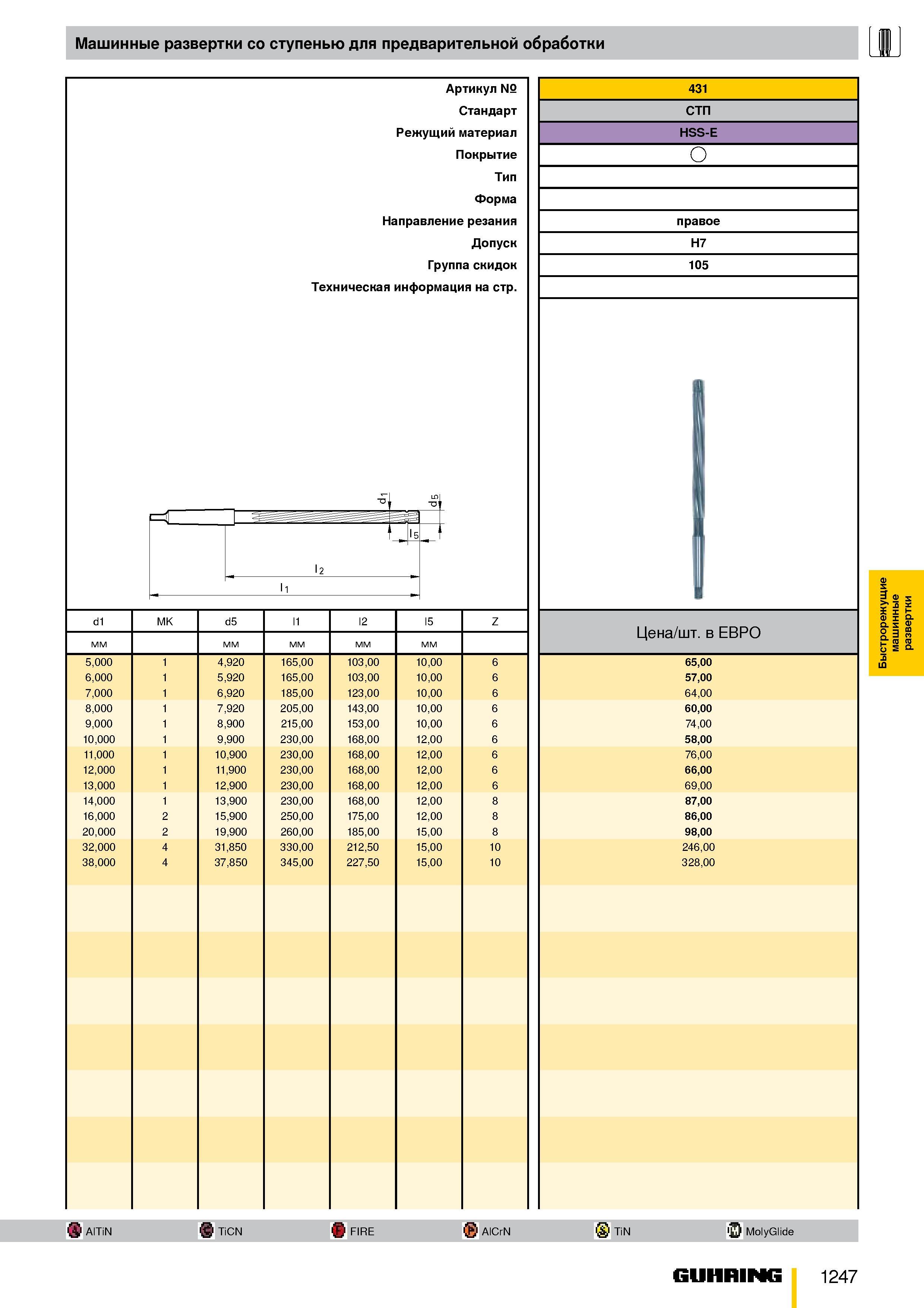 1194 Машинные развертки со ступенью для предварительной обработки d1 5 000 6 000 7 000 8 000 9 000 10 000 11,000 12,000 13 000 14 000 16 000 20,000 32 Каталог GUHRING 2009 Металлорежущий инструмент и шпиндельная инструментальная оснастка для металлообрабатывающих станков Стр. 1247