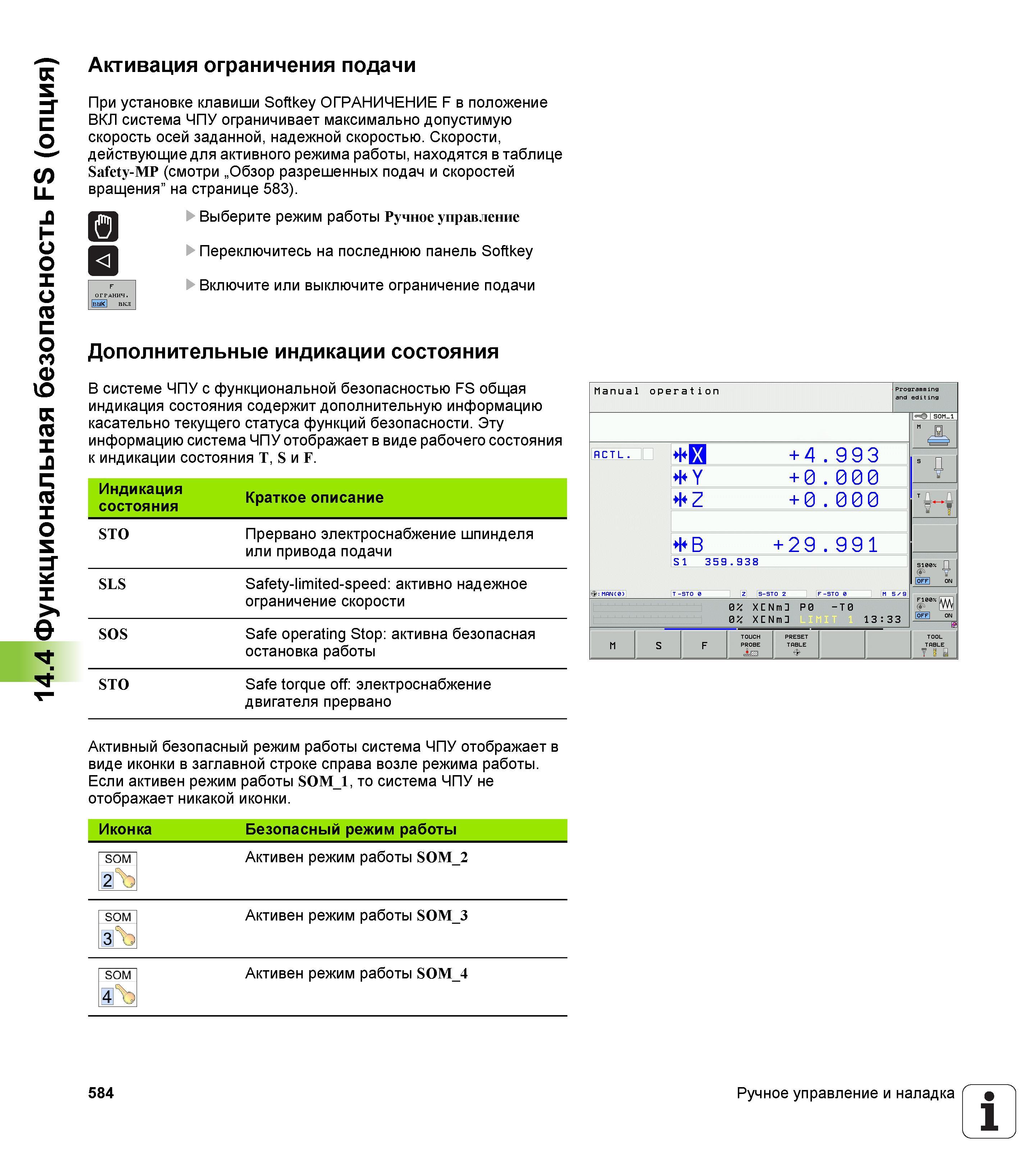 584 Функциональная безопасность FS (опция) Активация ограничения подачи При установке клавиши Softkey ОГРАНИЧЕНИЕ F в положение ВКЛ система ЧПУ Руководство пользователя HEIDENHAIN iTNC 530 Программирование открытым текстом систем числового программного управления оборудованием Версия 2012 года Стр. 584