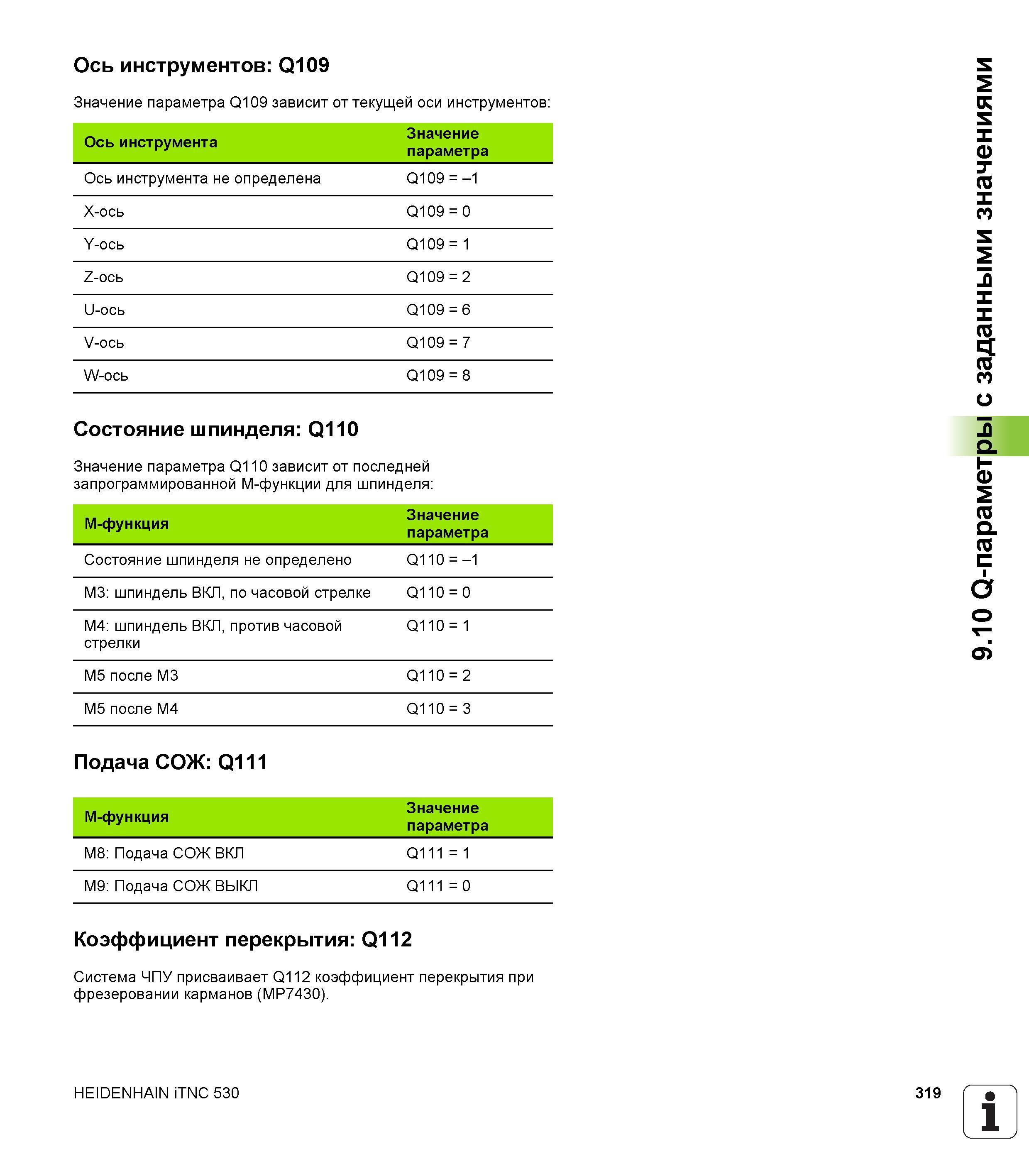 319 Ось инструментов Q109 Значение параметра Q109 зависит от текущей оси инструментов Ось инструмента Значение параметра Ось инструмента не определен Руководство пользователя HEIDENHAIN iTNC 530 Программирование DIN ISO систем числового программного управления оборудованием Версия 2012 года Стр. 319