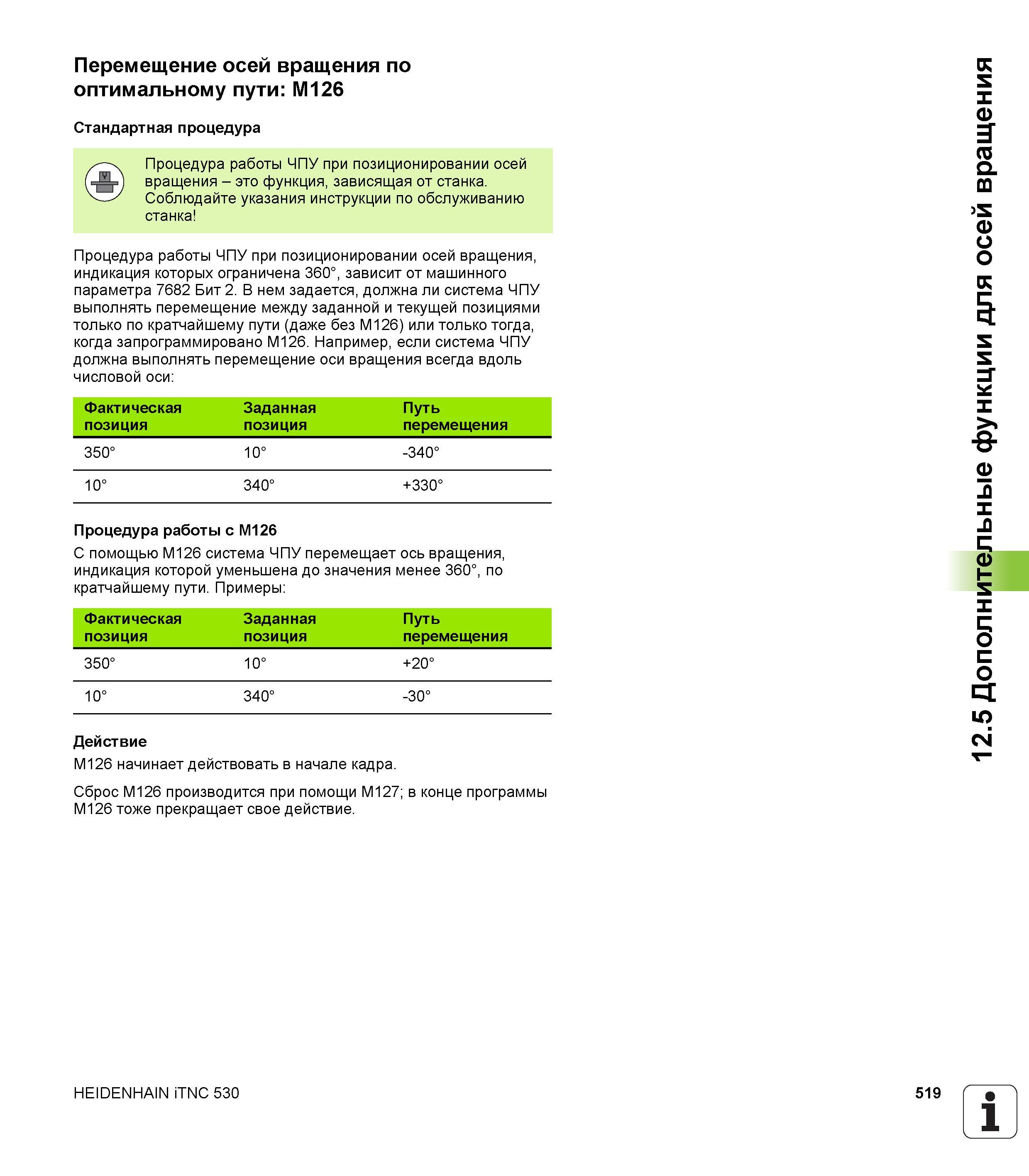 519 Процедура работы ЧПУ при позиционировании осей вращения - это функция, зависящая от станка Соблюдайте указания инструкции по обслуживанию Руководство пользователя HEIDENHAIN iTNC 530 Программирование открытым текстом систем числового программного управления оборудованием Версия 2012 года Стр. 519