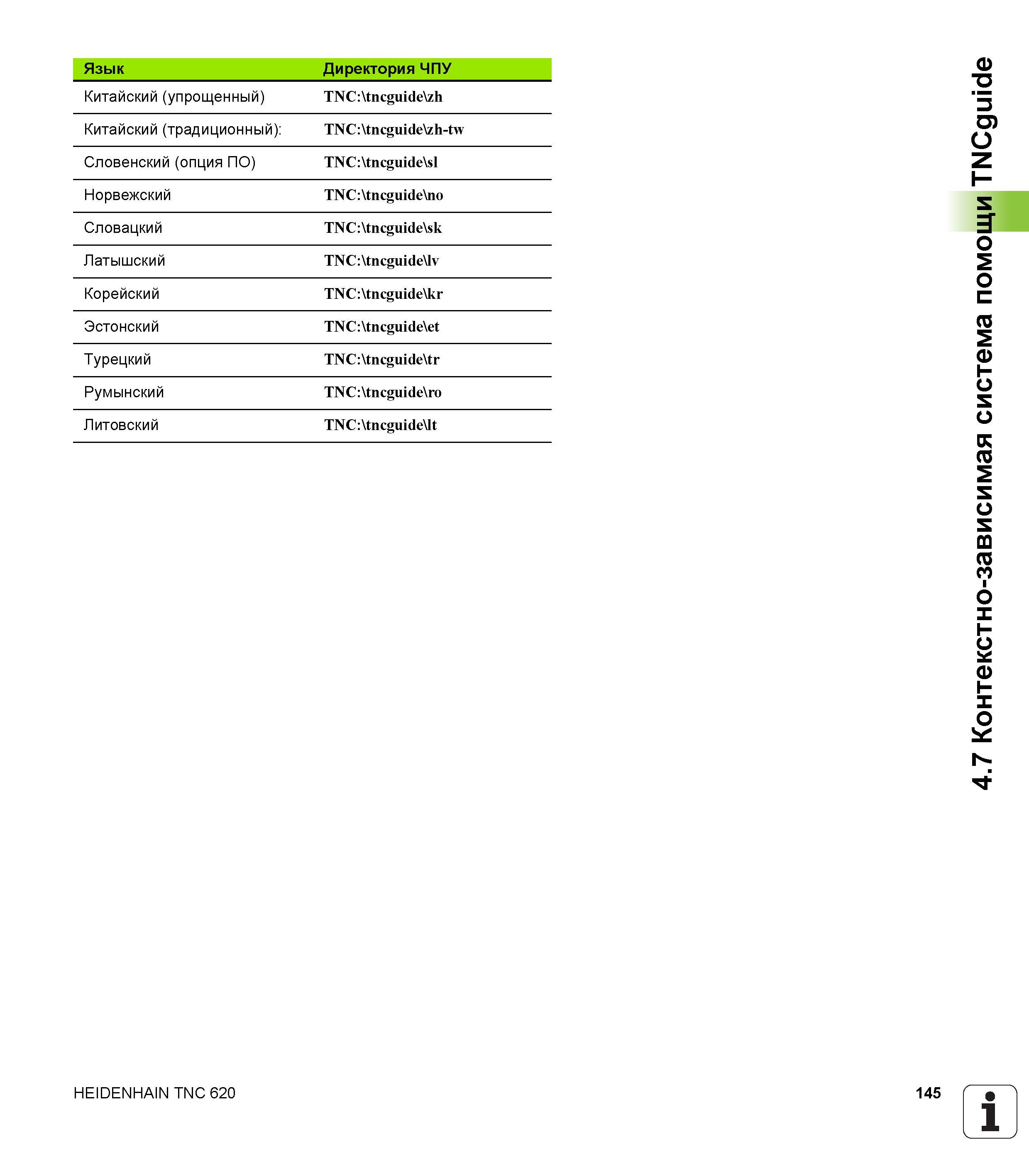 145 Язык Директория ЧПУ Китайский (упрощенный) TNC:\tncguide\zh Китайский (традиционный) TNC:\tncguide\zh-tw Словенский (опция ПО) TNC:\tncguide\sl Нор Руководство пользователя HEIDENHAIN TNC 620 Программирование открытым текстом систем числового программного управления станочного оборудования 2012 Стр. 145