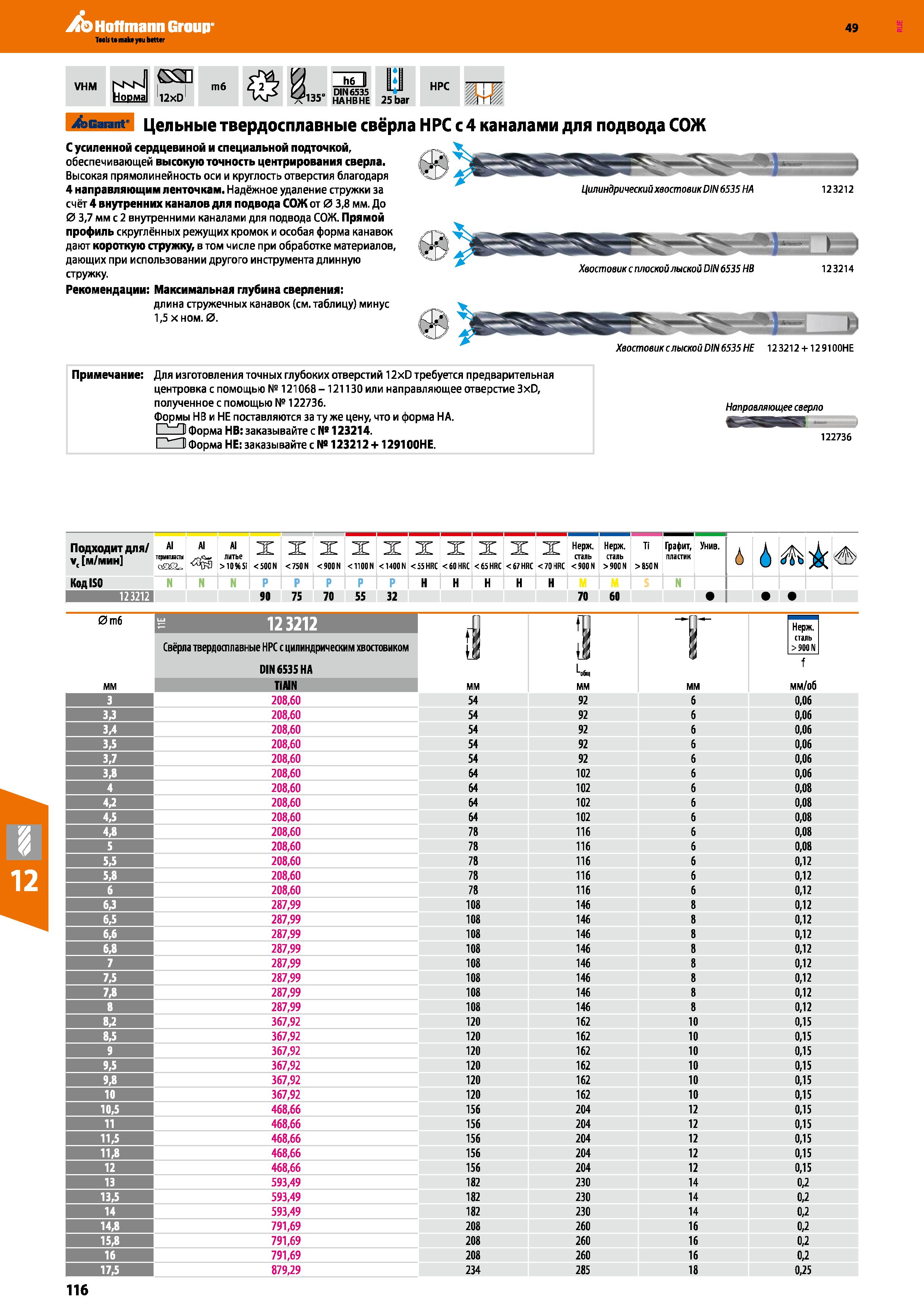 116 Hoffmann Group 49 VHM NsN Норма СЯ 12xD m6 HPC 25 bar tcarant- Цельные твердосплавные свёрла НРС с 4 каналами для подвода СОЖ С усиле Каталог HOFFMANN GROUP 2018 Профессиональный режущий и вспомогательный инструмент для промышленного оборудования Сверла Фрезы Метчики Державки Стр. 116