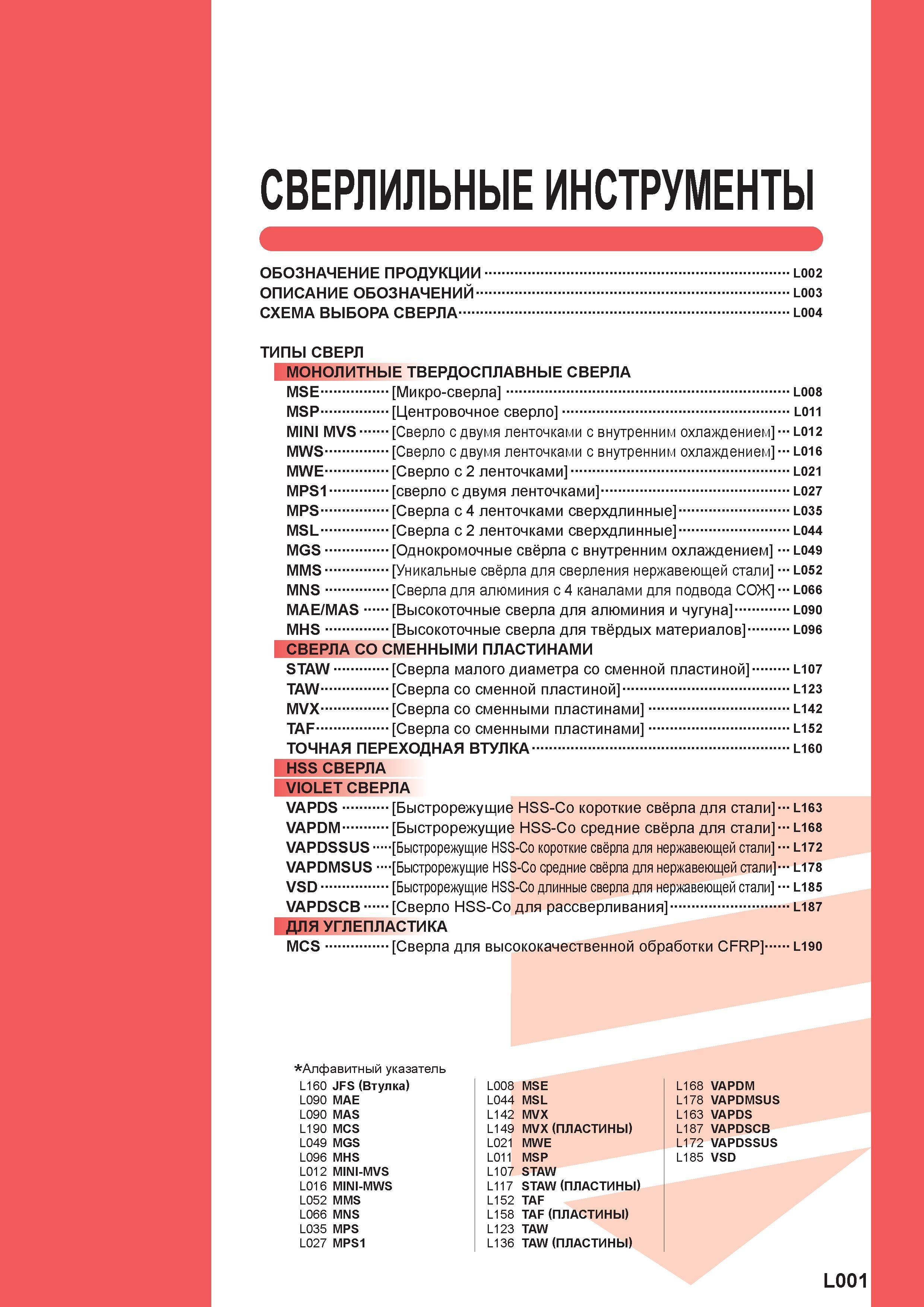 1127 СВЕРЛИЛЬНЫЕ ИНСТРУМЕНТЫ ОБОЗНАЧЕНИЕ ПРОДУКЦИИ ОПИСАНИЕ ОБОЗНАЧЕНИЙ СХЕМА ВЫБОРА Сверла L002 L003 L004 ТИПЫ СВЕРЛ Монолитные твердосплавные сверла Каталог MITSUBISHI 2016 Вращающийся и токарный режущий инструмент для металлообработки Сменные твердосплавные пластины Резцы Фрезы сборные и монолитные Сверла Стр. L001