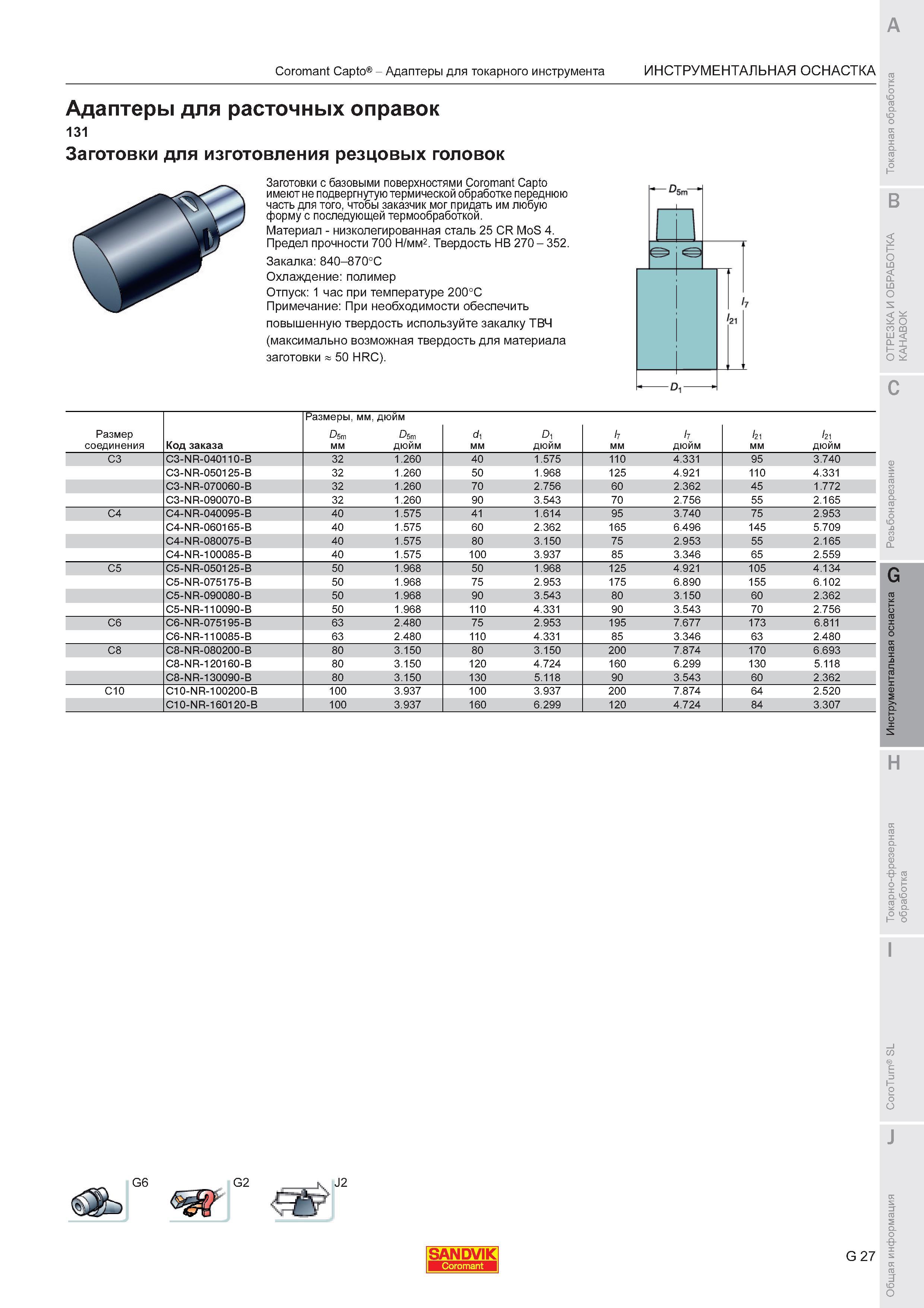 703 Заготовки Sandvik с базовыми поверхностями Coromant Capto имеют не подвергнутую термической обработке переднюю часть для того чтобы заказчик мог —> Каталог SANDVIK COROMANT 2011 Токарный инструмент и инструментальная оснастка для металлорежущих станков и обрабатывающих центров с ЧПУ Стр. G27