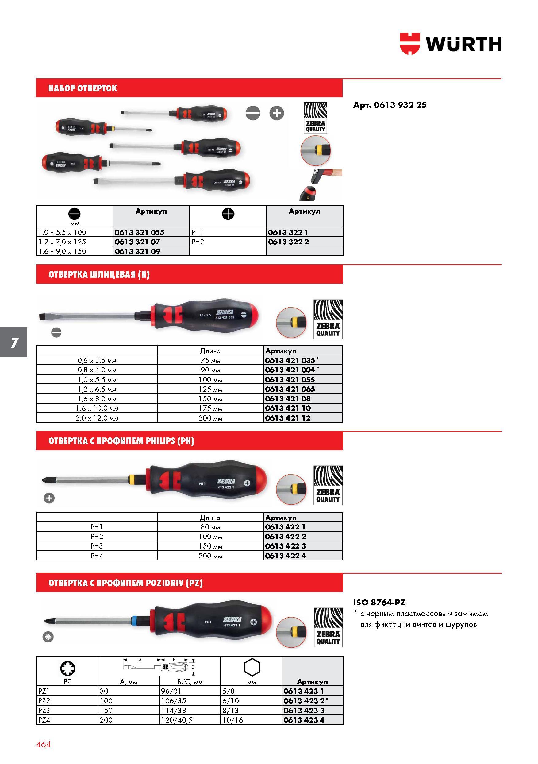 464 НАБОР ОТВЕРТОК WURTH Арт 0613 932 25 е Артикул 1,0 x 5,5 x 100 0613 321 055 PH1 0613 322 1 1,2 x 7,0 x 125 0613 321 07 PH2 0613 322 2 1 6 x 9,0 x 150 0613 321 09 ОТВЕРТКА ШЛИЦЕВАЯ (H) Длина Артикул 0,6 х 3,5 мм 75 мм 0613 421 035* 0,8 x 4,0 мм 90 мм 0613 Каталог WURTH 2017 Химическая продукция для автомобилей Крепежные изделия Инструмент режущий и абразивный Расходные материалы автосервиса Оборудование Материалы для кузовного ремонта Стр. 464