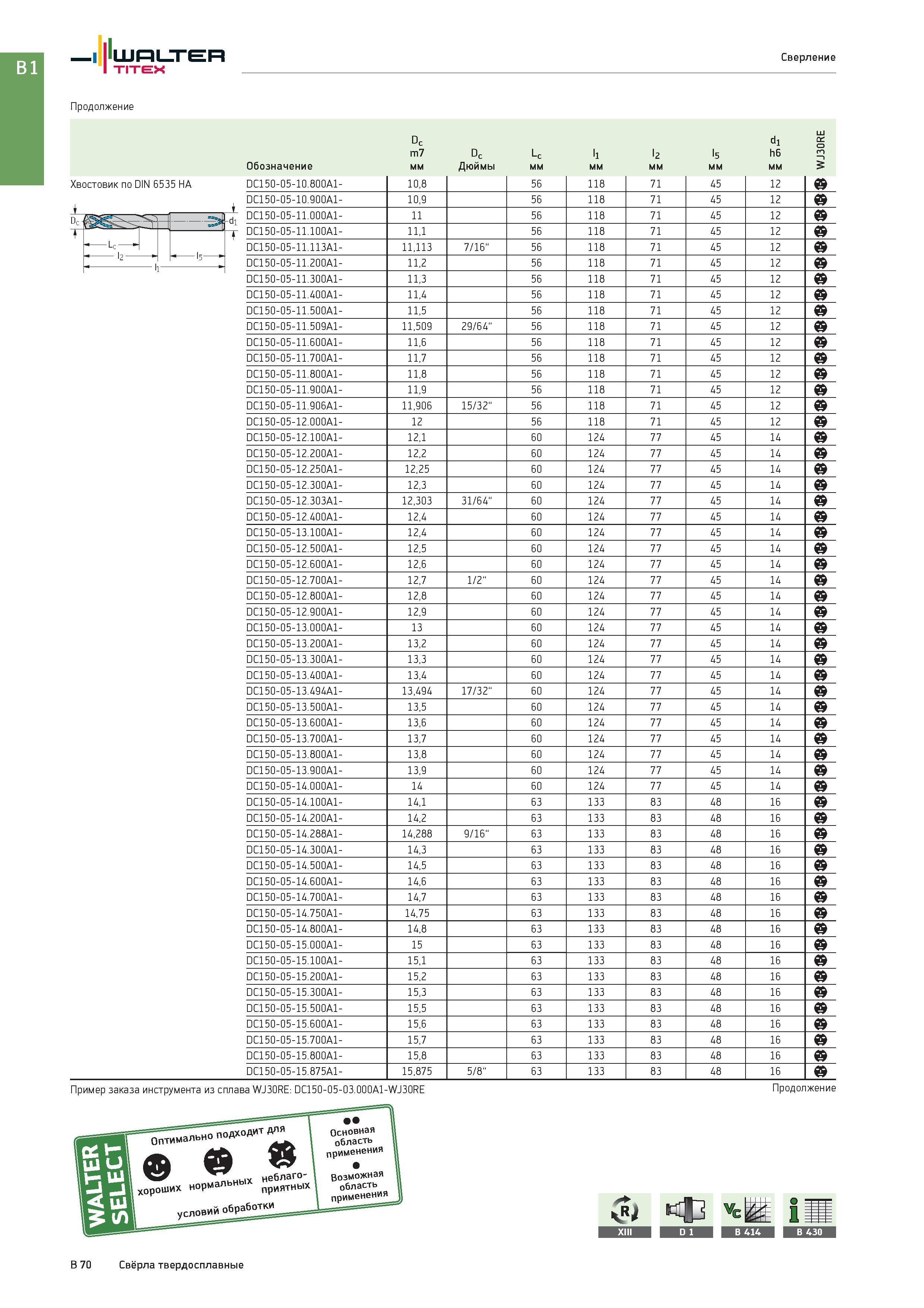 584 Walter Titex Сверление Продолжение Dc di CC 0 m7 Dc Lc l1 l2 l5 h6 m Обозначение мм Дюймы 5 Хвостовик по DIN 6535 HA цилиндрический (ц/х) Dc -:2fdi Lc H Каталог WALTER 2017 Инструмент металлорежущий и вспомогательный для металлообрабатывающих станков Сменные пластины Резцы Державки Расточные оправки Сверла Фрезы Патроны Стр. B70