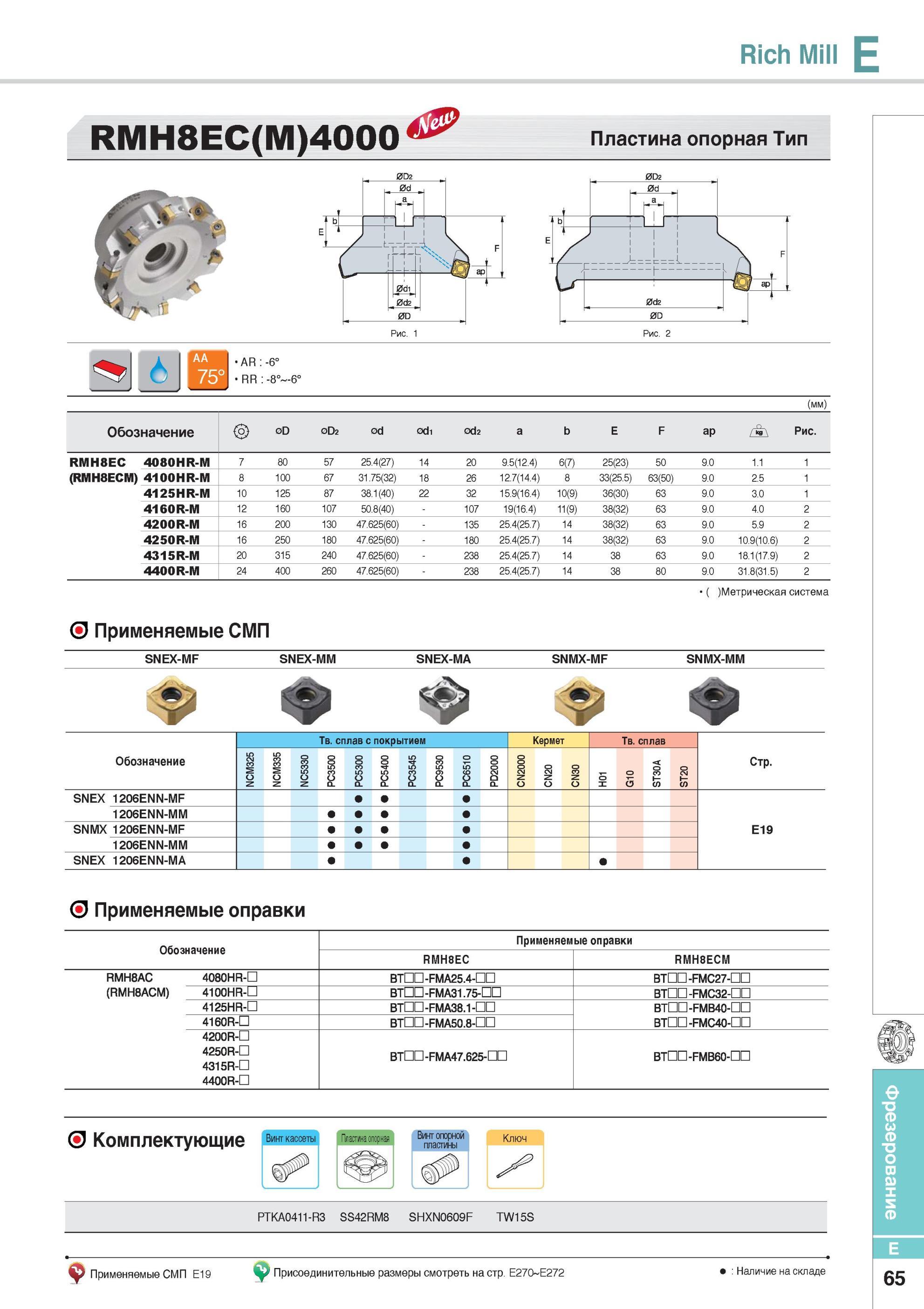 413 Фрезерный инструмент Rich Mill RMH8EC(M)4000 Фрезы Korloy со сменными режущими пластинами Метрическая система Применяемые СМП Каталог KORLOY 2014 Металлорежущий инструмент Точение Фрезерование Сверление Инструментальная оснастка Стр. E65