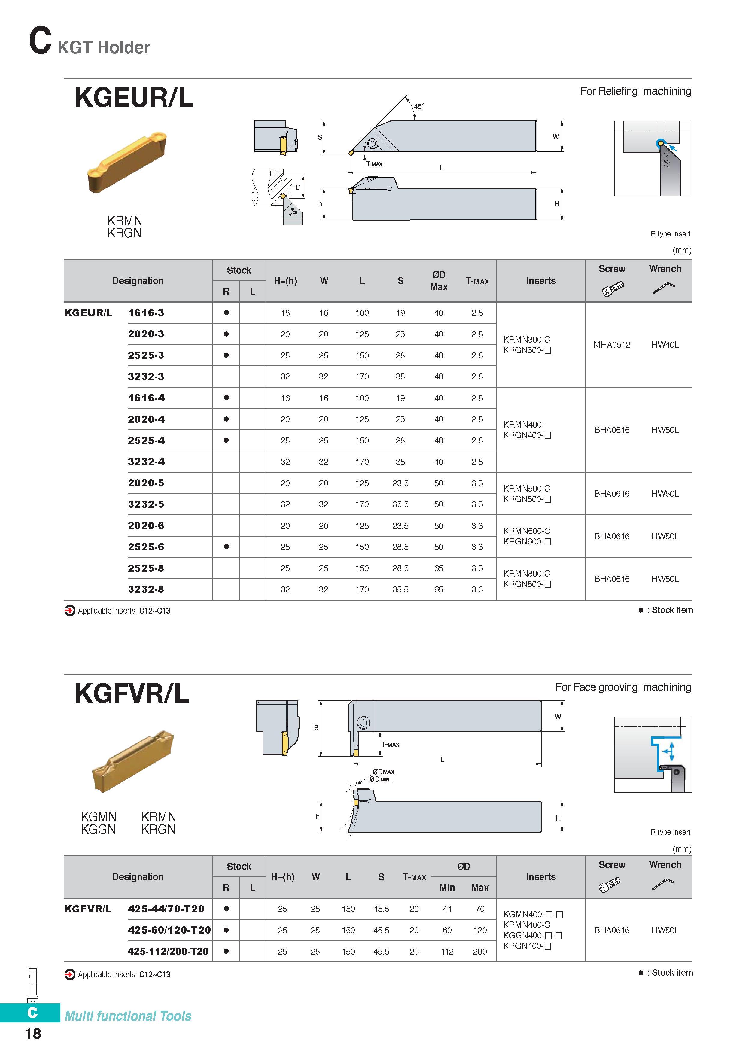 277 KGT Holder 18 KGEUR/L KRMN KRGN For Reliefing machining R type insert (mm) Designation Stock 0D H=(h) W L S ,0D T-max 1 Max Inserts Screw Wrench <3 R L KGE Каталог KORLOY 2016 Металлорежущий инструмент для точения фрезерования сверления и инструментальная станочная оснастка для металлообрабатывающих станков Стр. C18